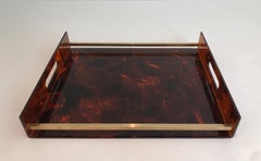 Tortoise Shell Style Lucite and Brass Tray, French, circa 1970