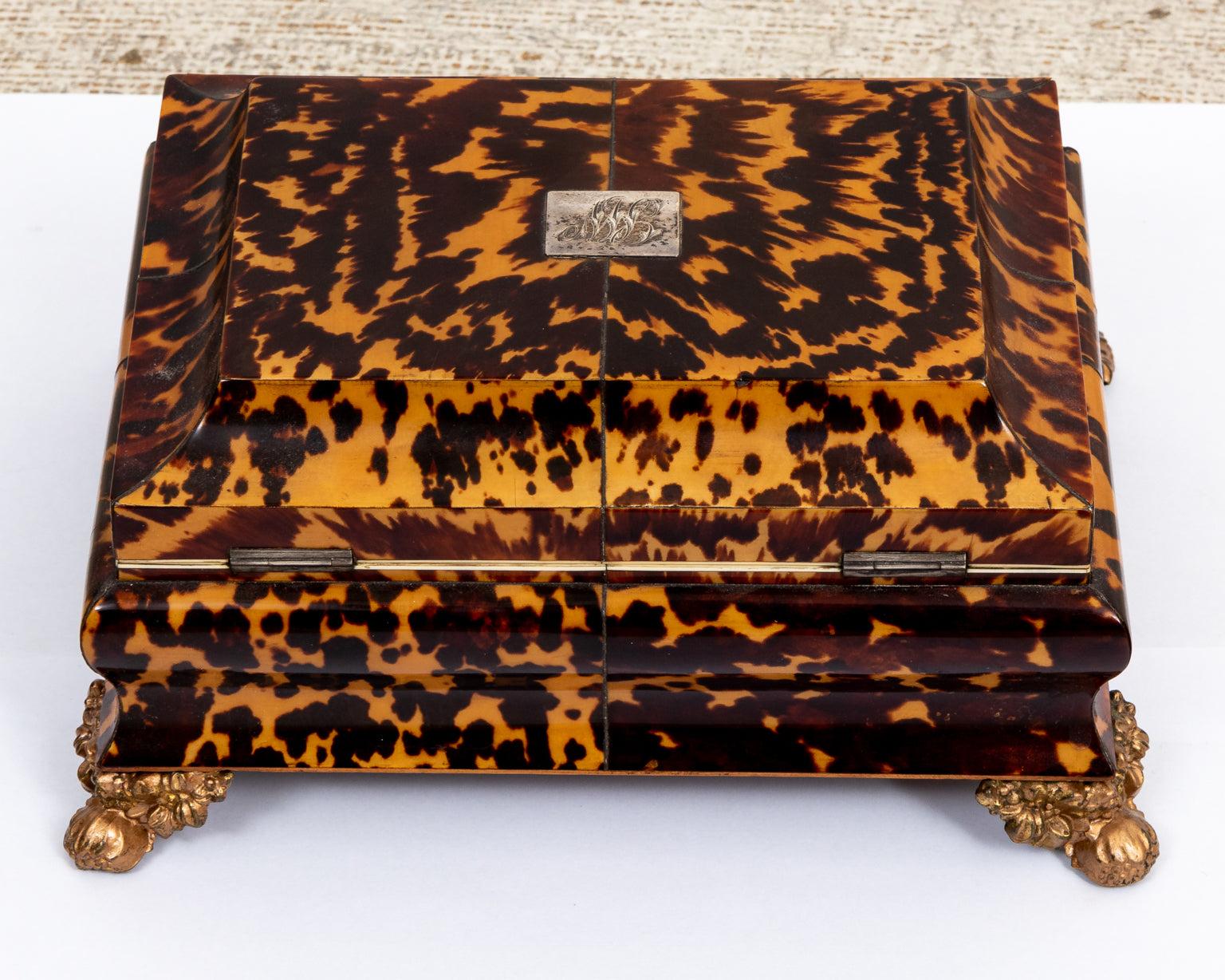 Tortoise Silk Lined 19th Century English Sewing Box with Brass Feet For Sale 3