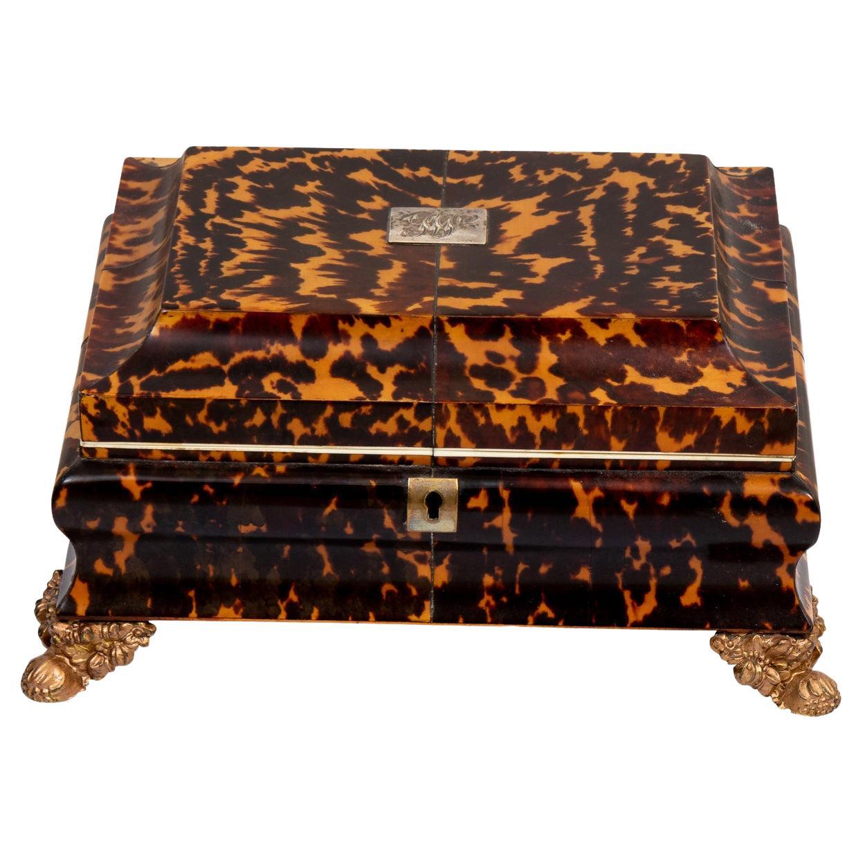 Tortoise Silk Lined 19th Century English Sewing Box with Brass Feet For Sale