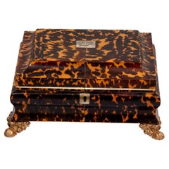 Tortoise Silk Lined 19th Century English Sewing Box with Brass Feet