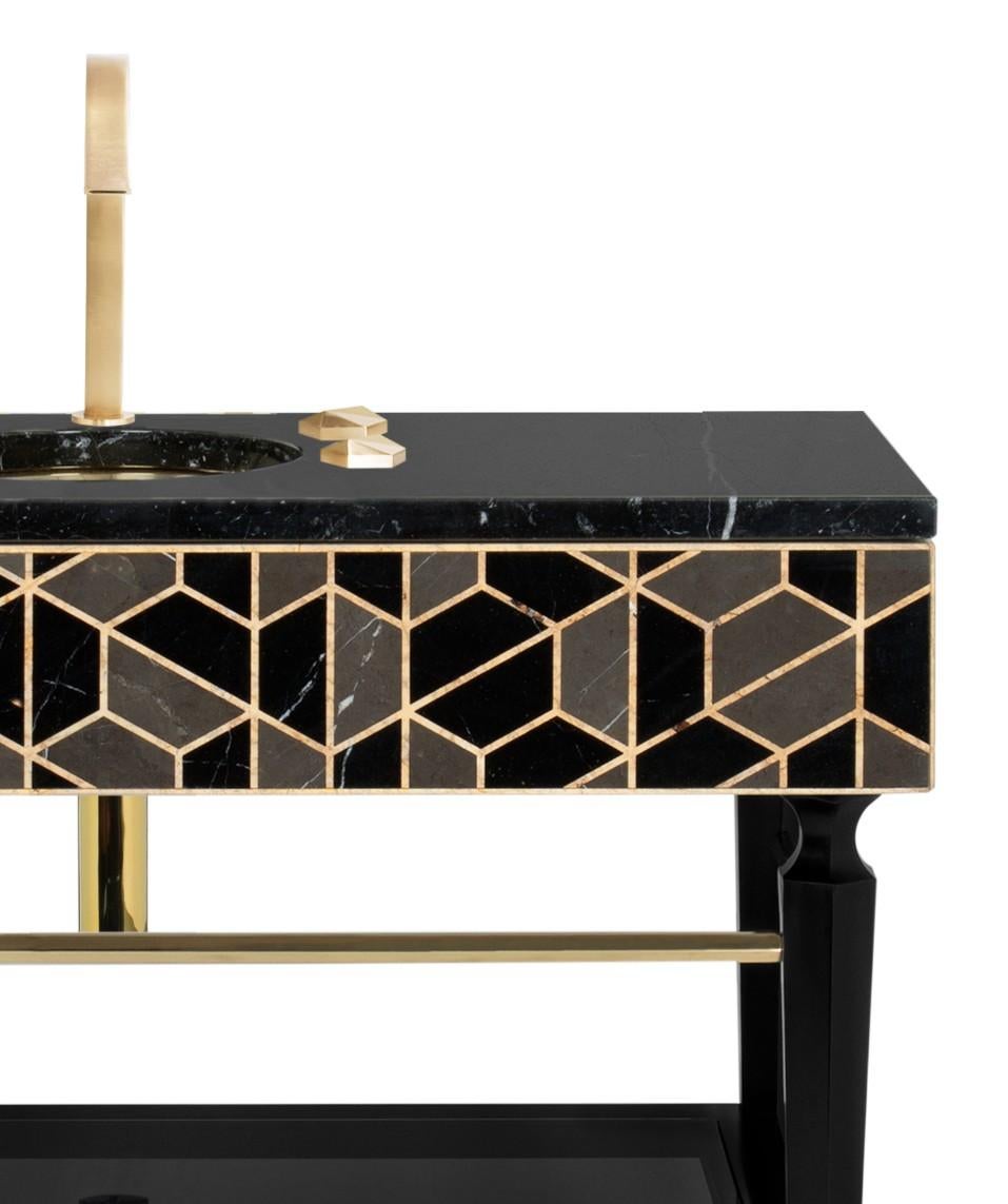 Portuguese Tortoise Single Washbasin with High Gloss Black Lacquered Wood Structure For Sale
