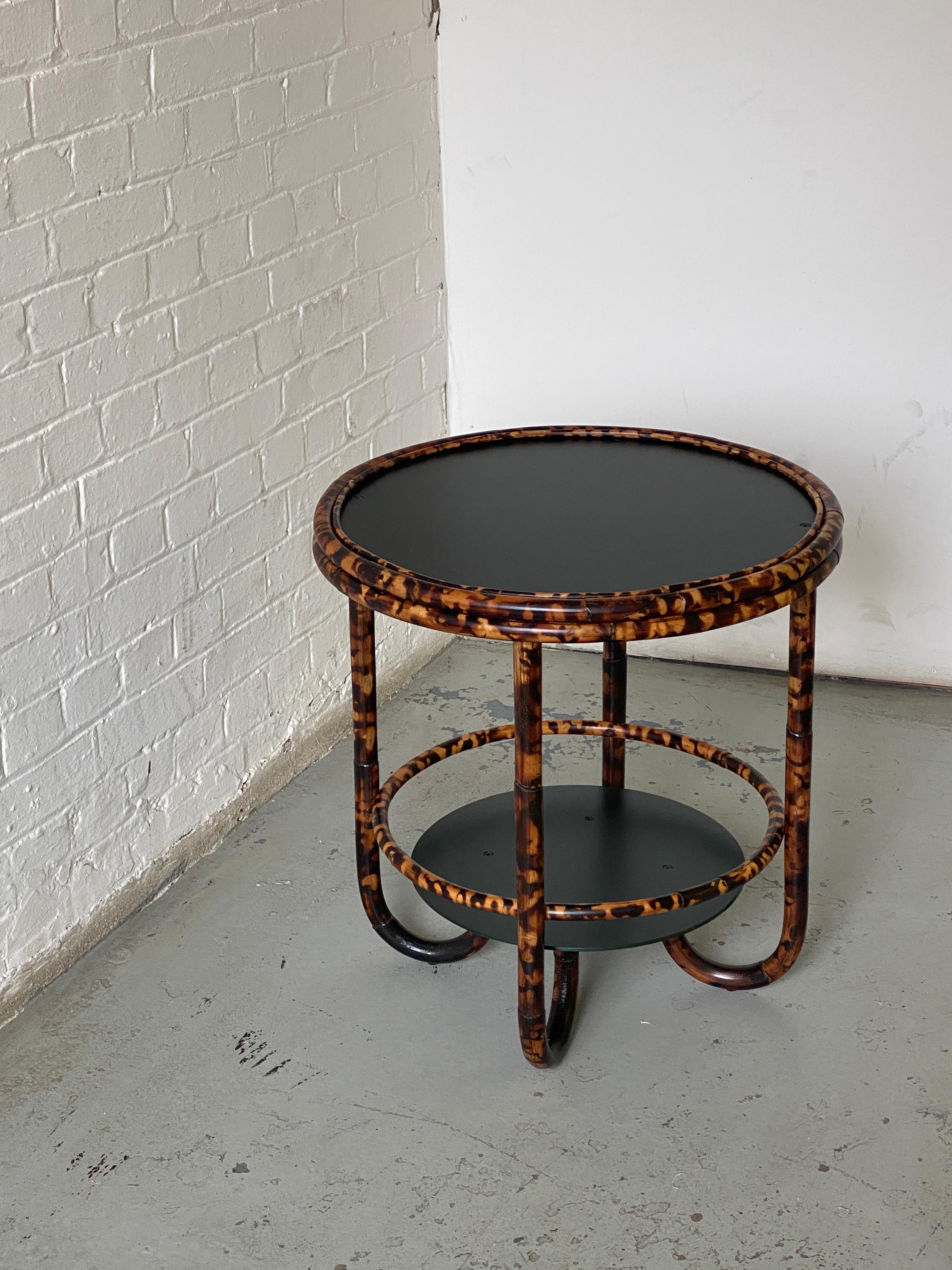 British Tortoise Torched Rattan and Forest Green Anodised Aluminium Cocktail Table For Sale