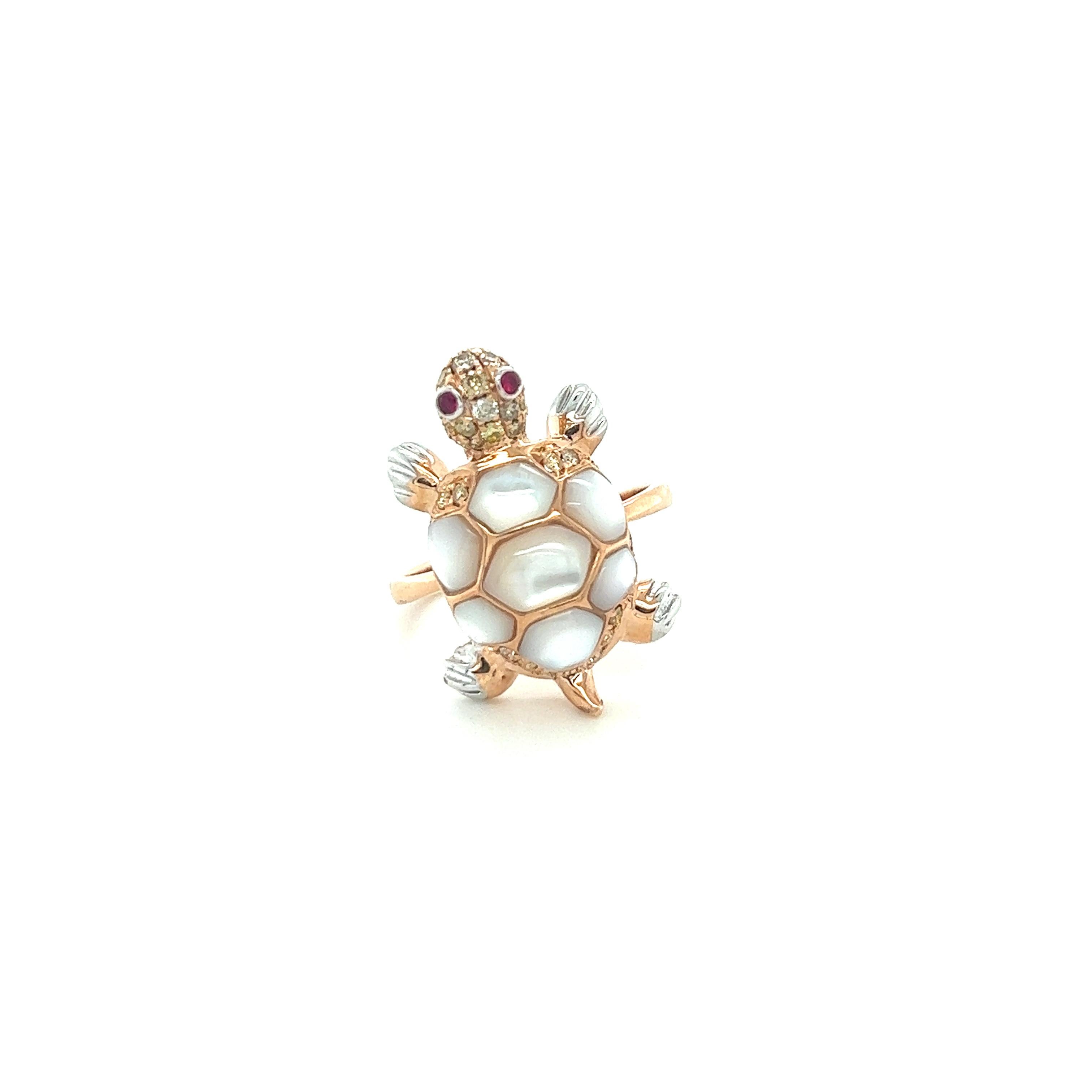 Tortoise White Shell 18K Rose Gold Ring

28 Diamonds 0.30CT
2 Rubies 0.03CT
7 White Pearls 2.45CT
18 K Rose Gold 5.42GM

The pearl meaning is centered around purity, balance, and inner wisdom. Pearls have long been a source of pure fascination.