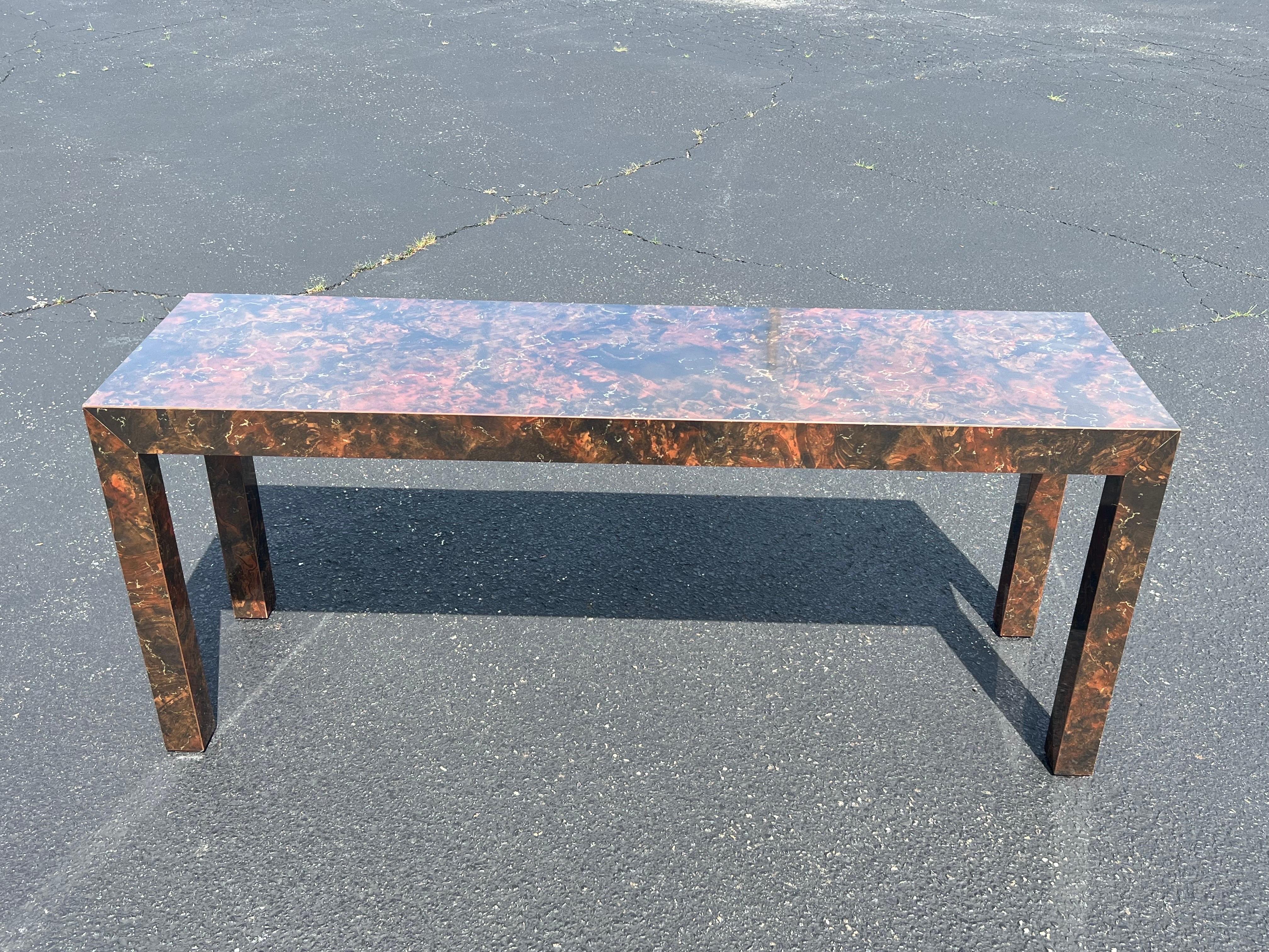 Mid-Century Modern Tortoiseshell Laminate Parsons Sofa Table  For Sale