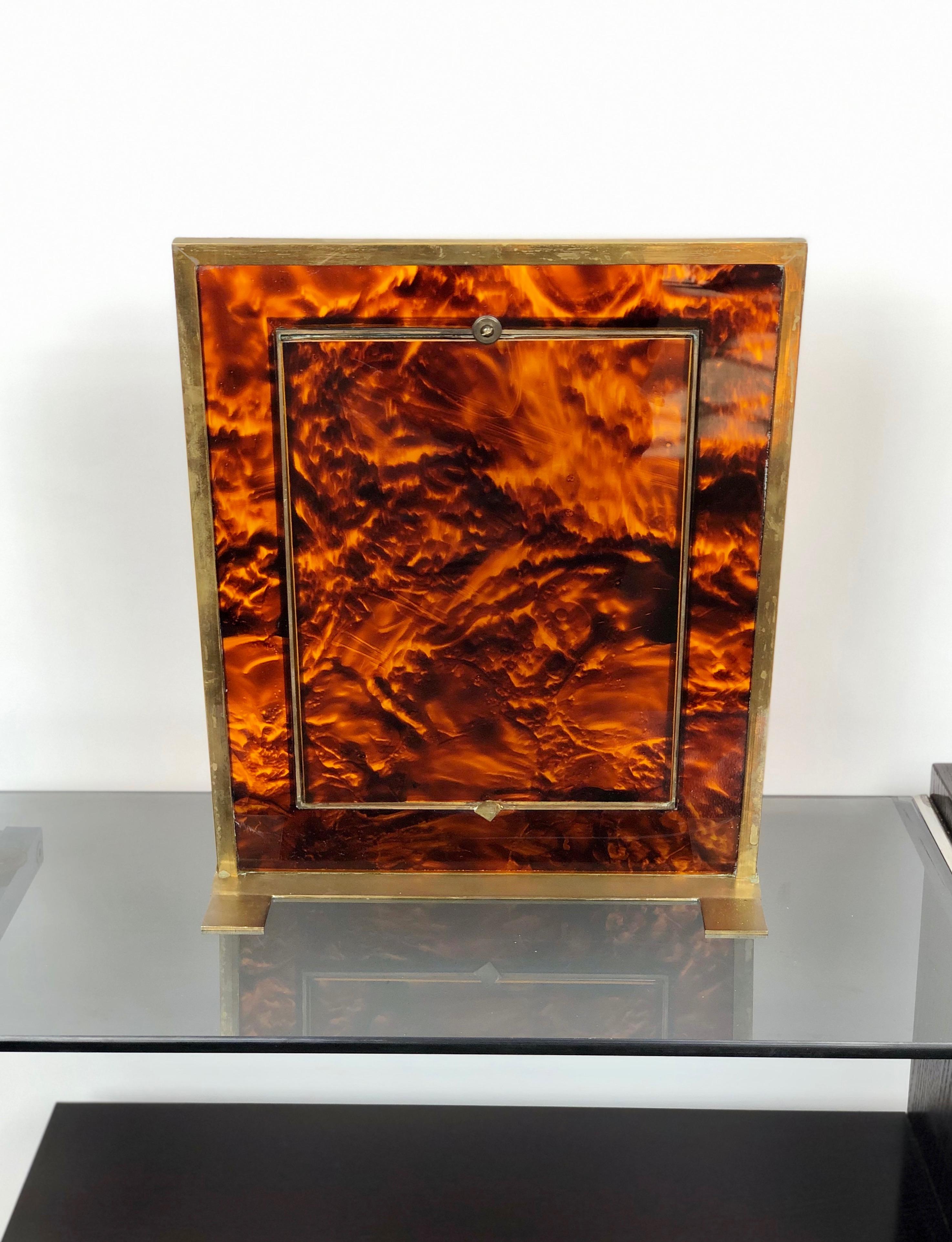 French Tortoiseshell Lucite and Brass Picture Photo Frame Christian Dior Style, 1970s