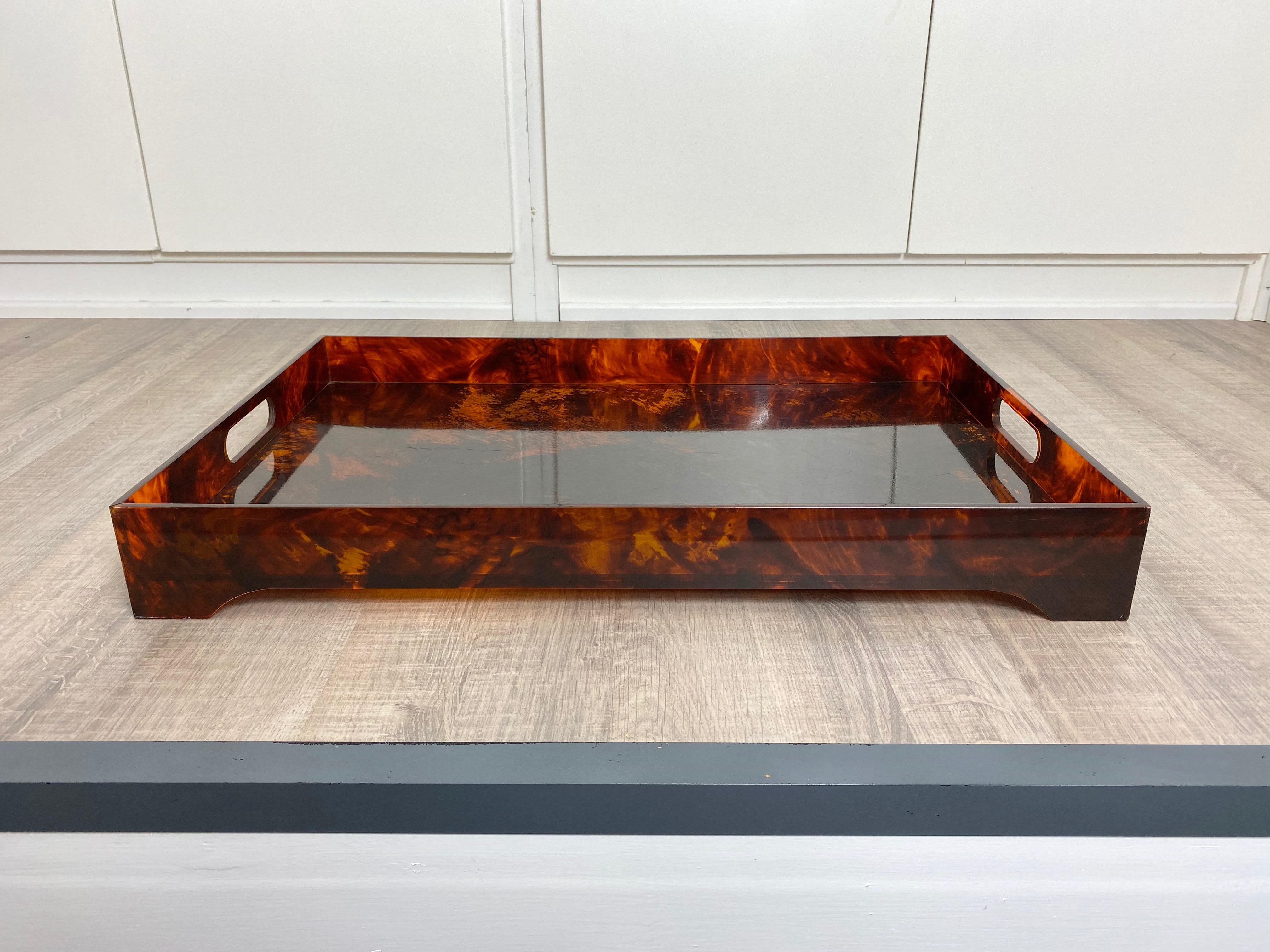 Mid-Century Modern Tortoiseshell Lucite Serving Tray Centerpiece, Willy Rizzo Style, Italy, 1970s