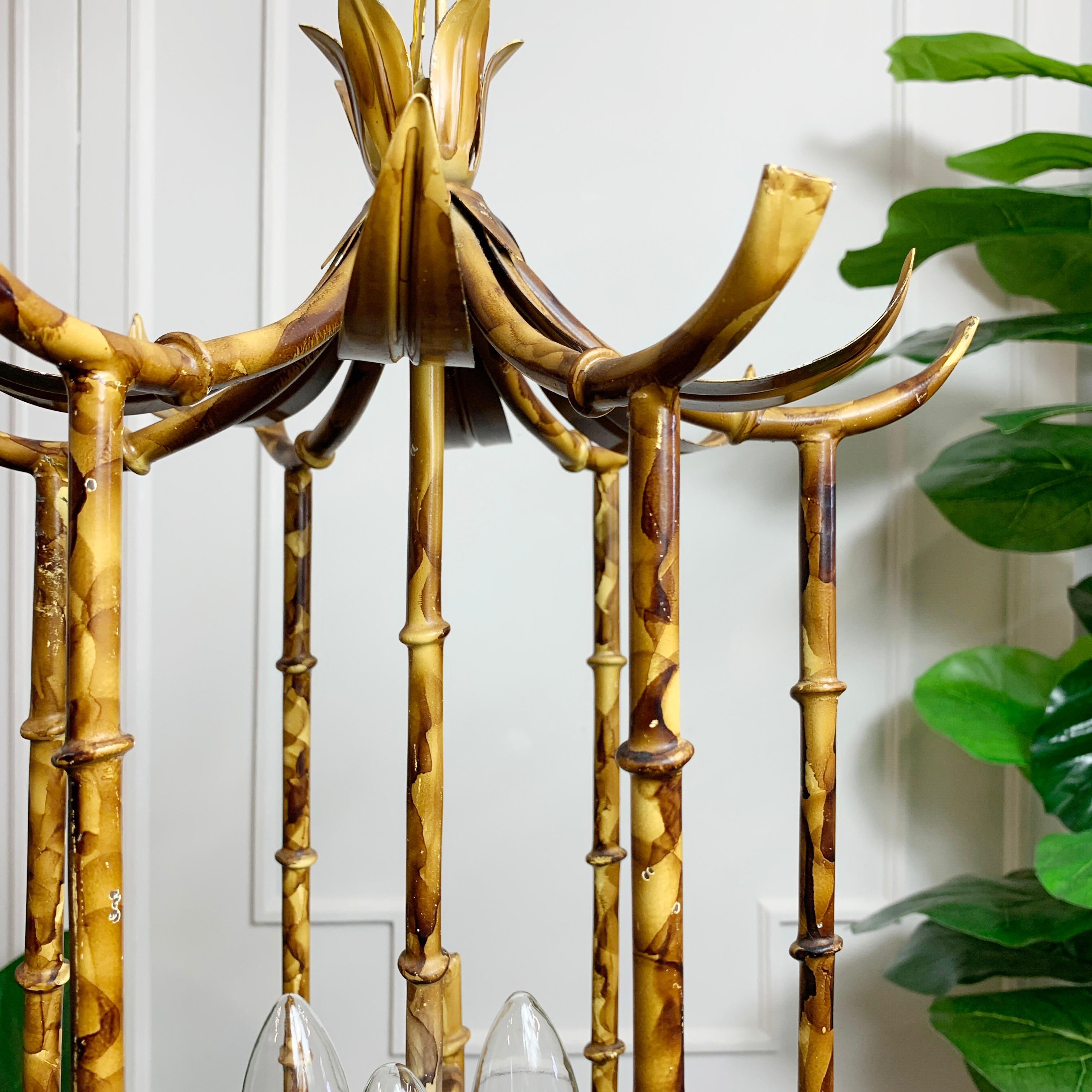 French Tortoiseshell Painted Metal Faux Bamboo Pagoda Chandelier