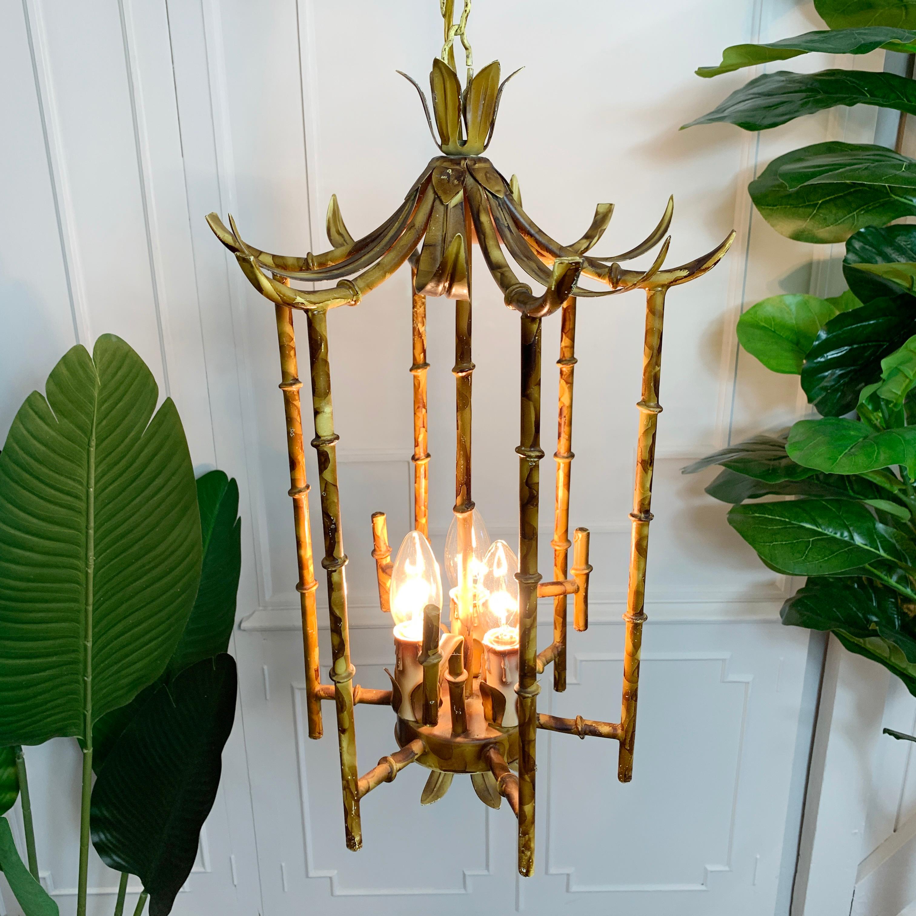 Hand-Painted Tortoiseshell Painted Metal Faux Bamboo Pagoda Chandelier