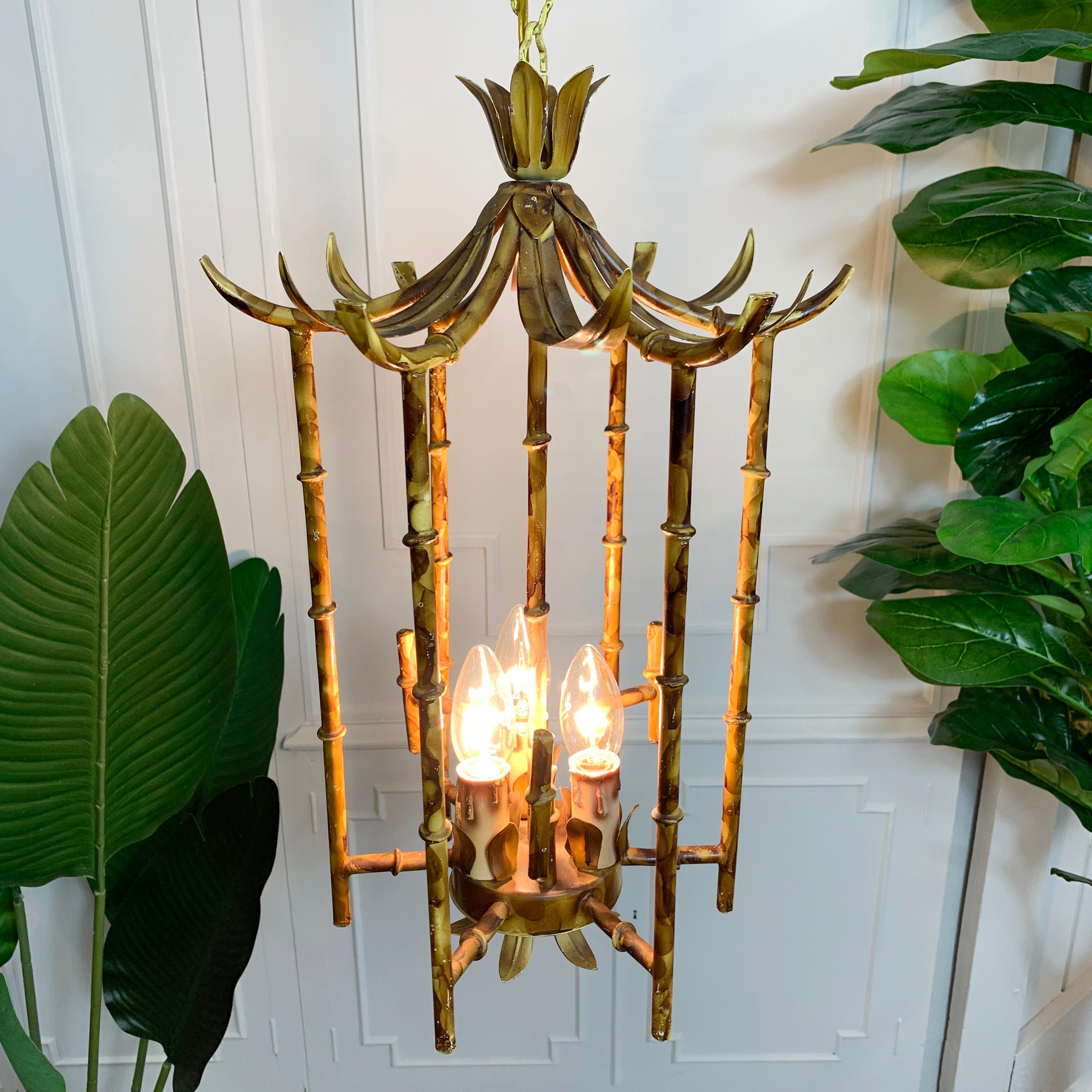 Mid-20th Century Tortoiseshell Painted Metal Faux Bamboo Pagoda Chandelier
