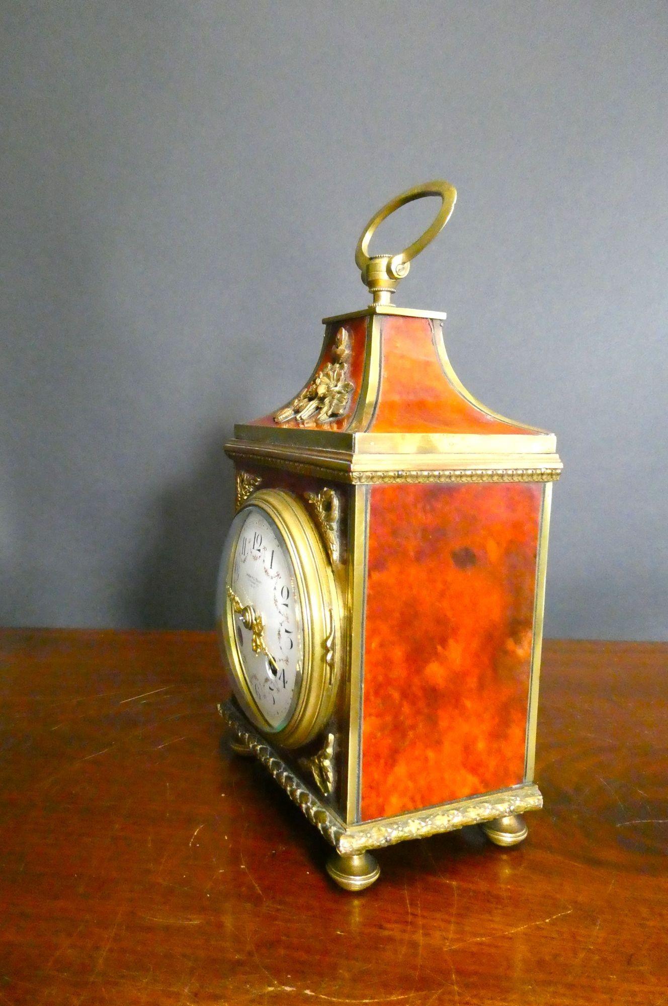 French Tortoiseshell Pendule D’Officier Mantel Clock For Sale