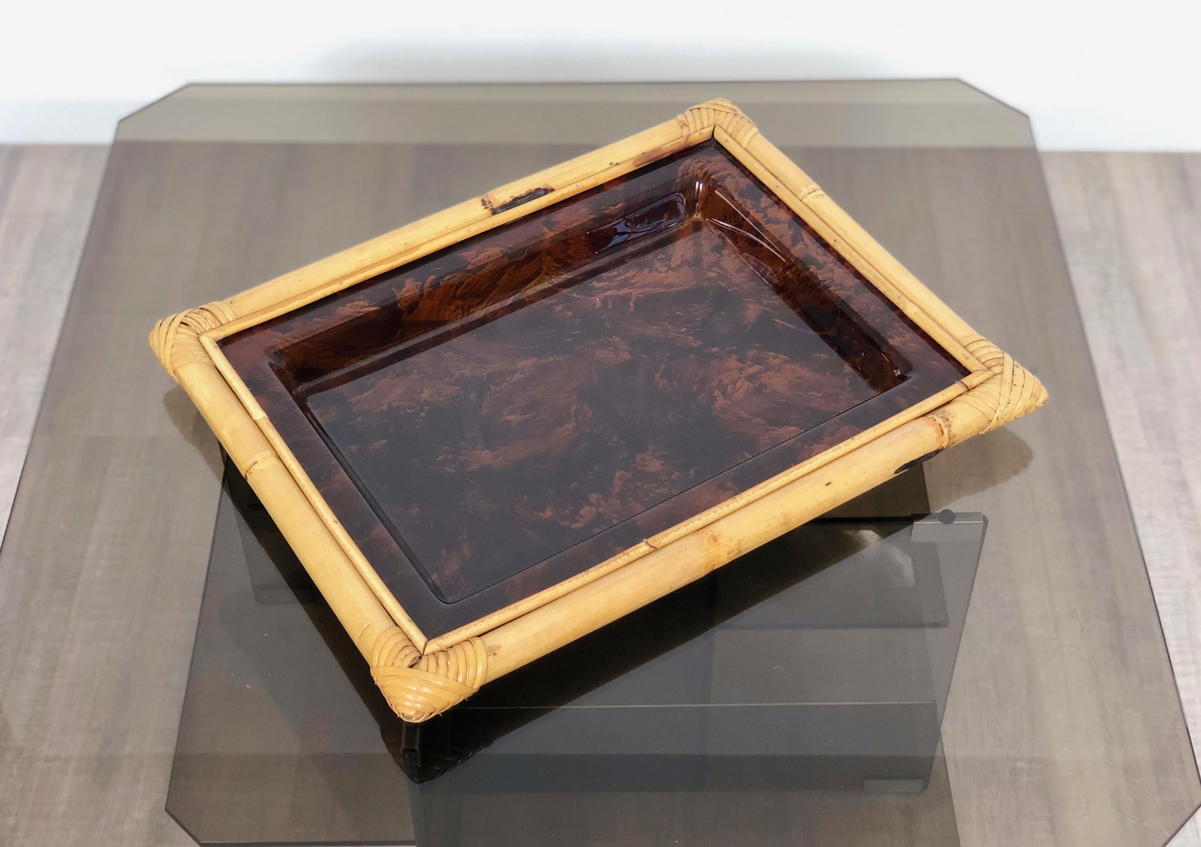 Italian Tortoiseshell Serving Tray Centerpiece in Lucite and Bamboo, 1970s, Italy