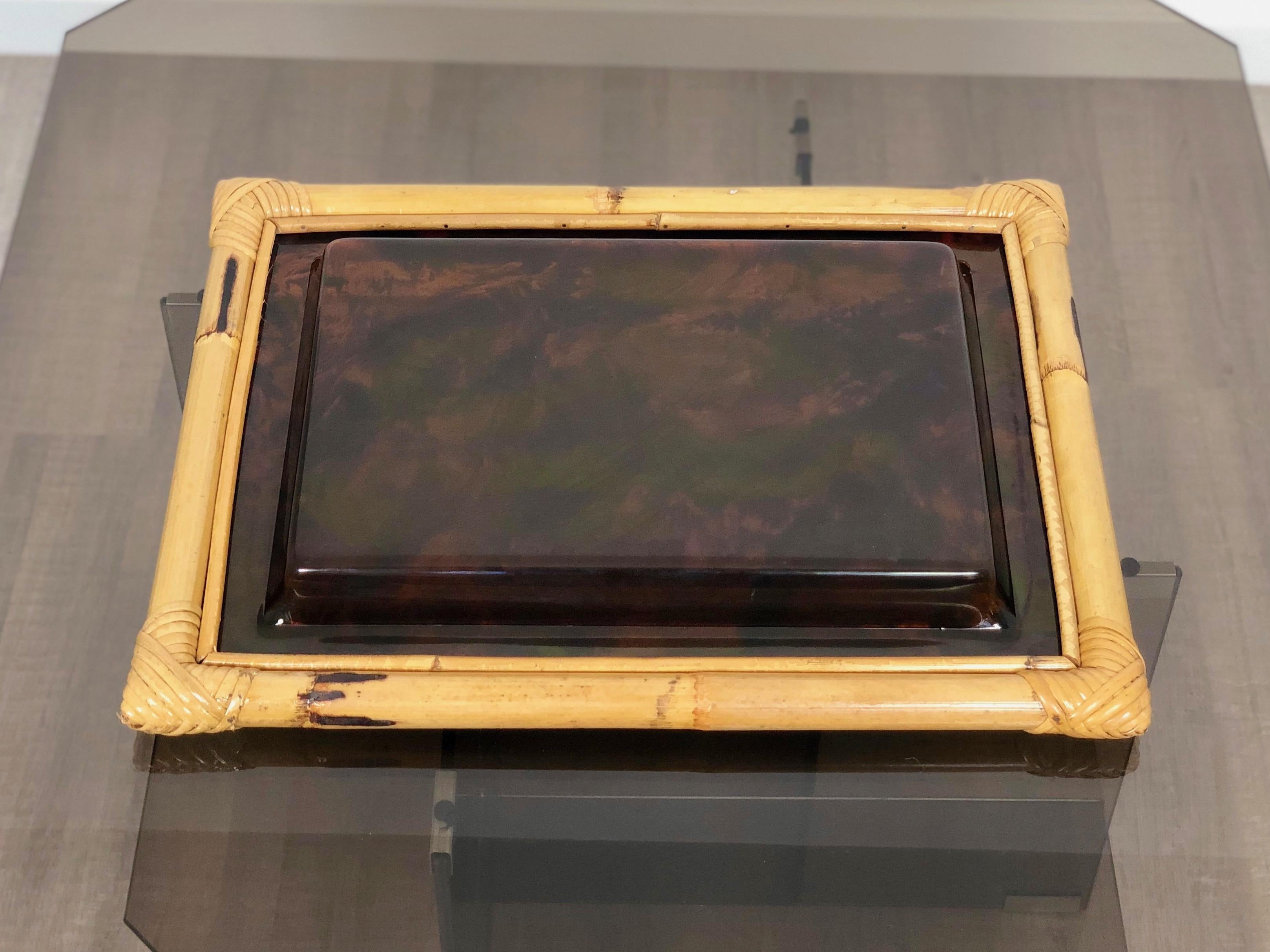 Tortoiseshell Serving Tray Centerpiece in Lucite and Bamboo, 1970s, Italy 2