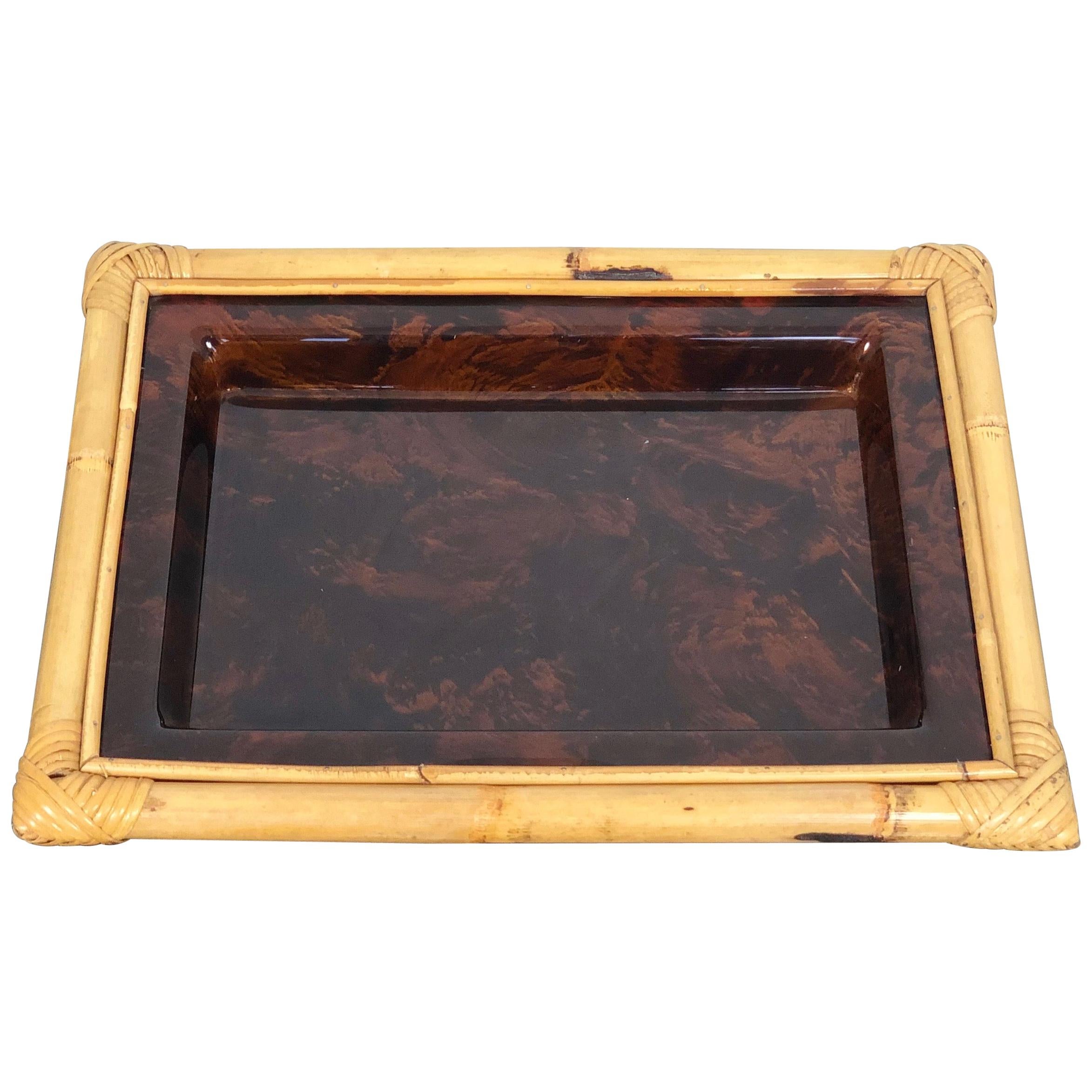 Tortoiseshell Serving Tray Centerpiece in Lucite and Bamboo, 1970s, Italy