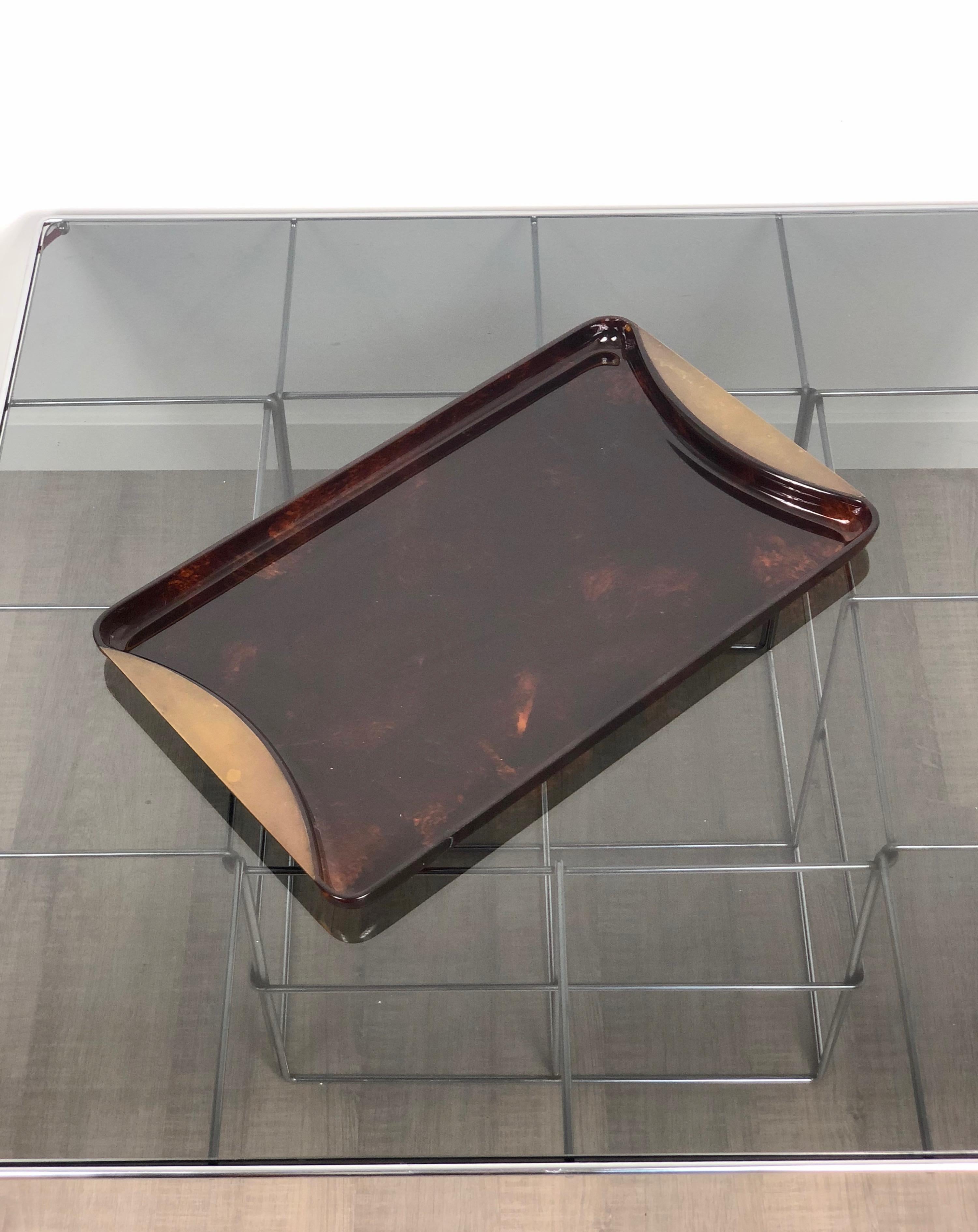 Mid-Century Modern Tortoiseshell Serving Tray in Lucite and Brass by Guzzini, 1970s, Italy