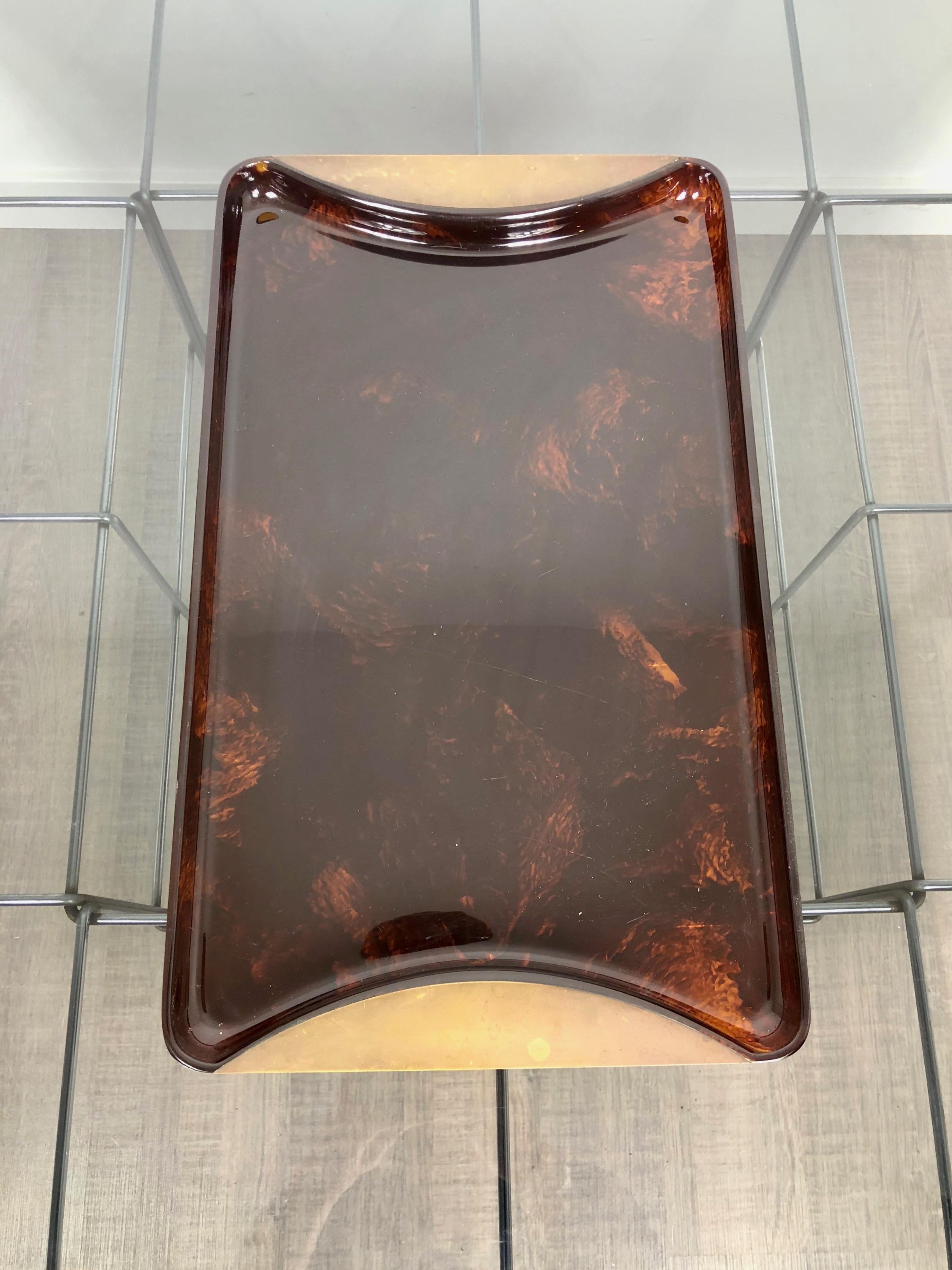 Italian Tortoiseshell Serving Tray in Lucite and Brass by Guzzini, 1970s, Italy