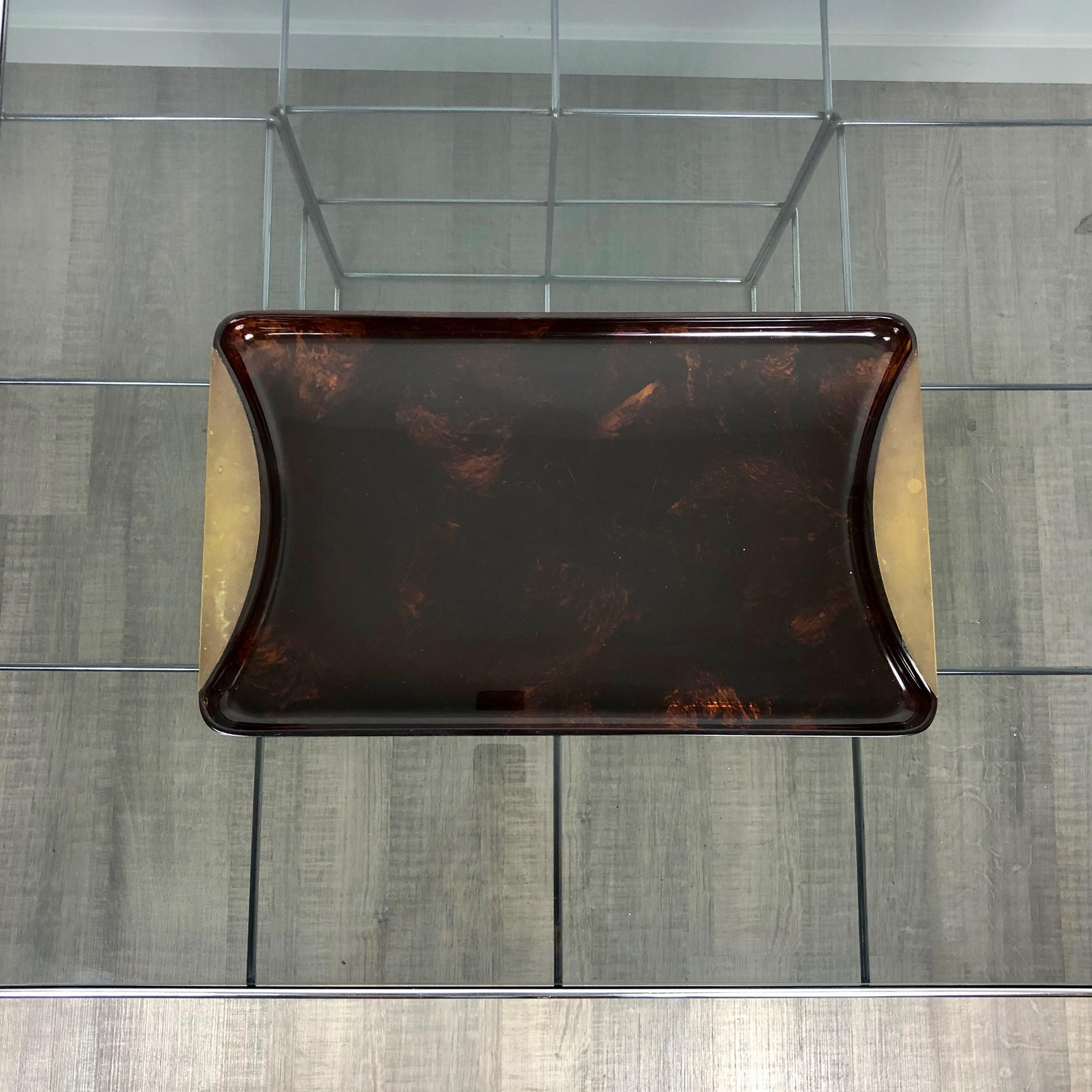 Metal Tortoiseshell Serving Tray in Lucite and Brass by Guzzini, 1970s, Italy