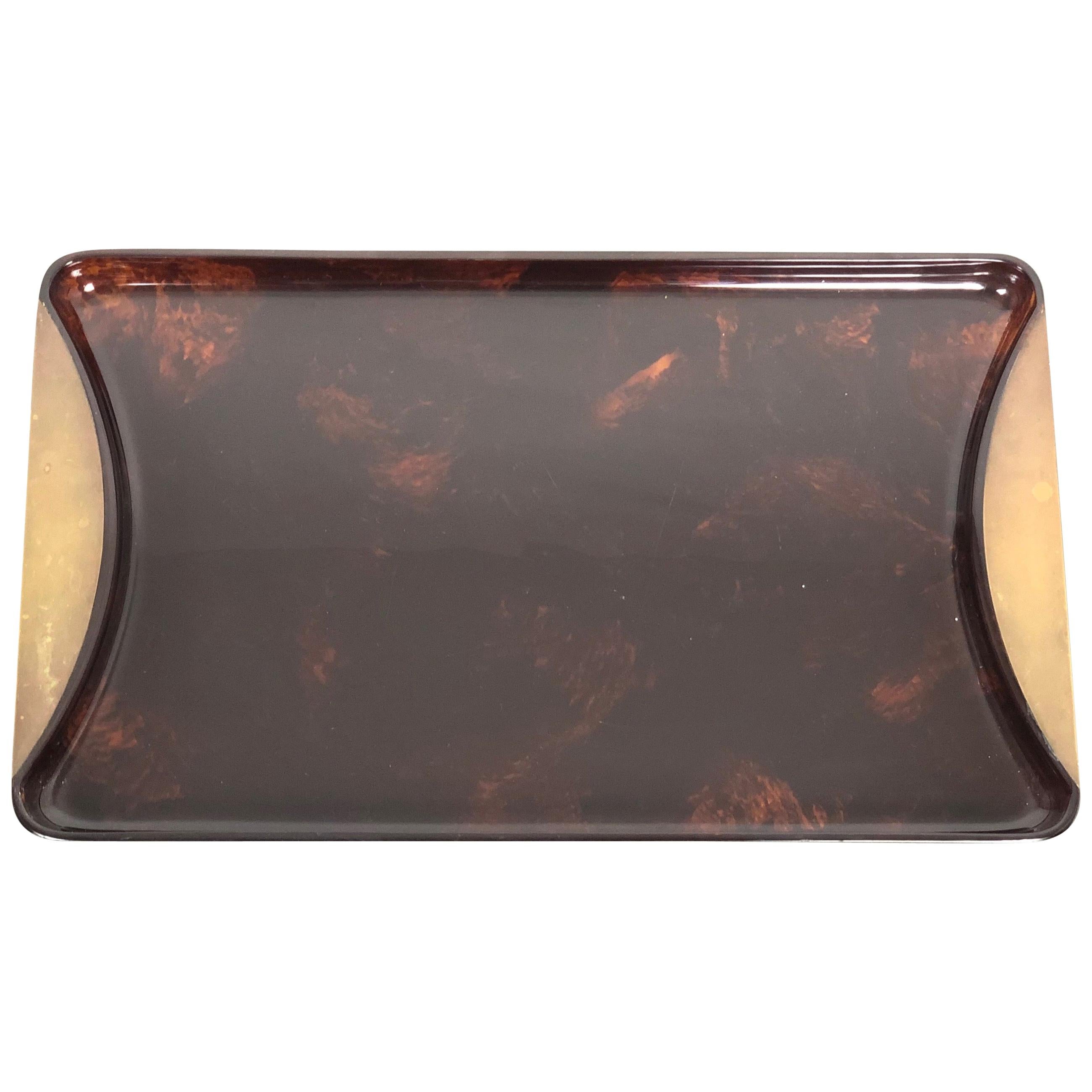 Tortoiseshell Serving Tray in Lucite and Brass by Guzzini, 1970s, Italy