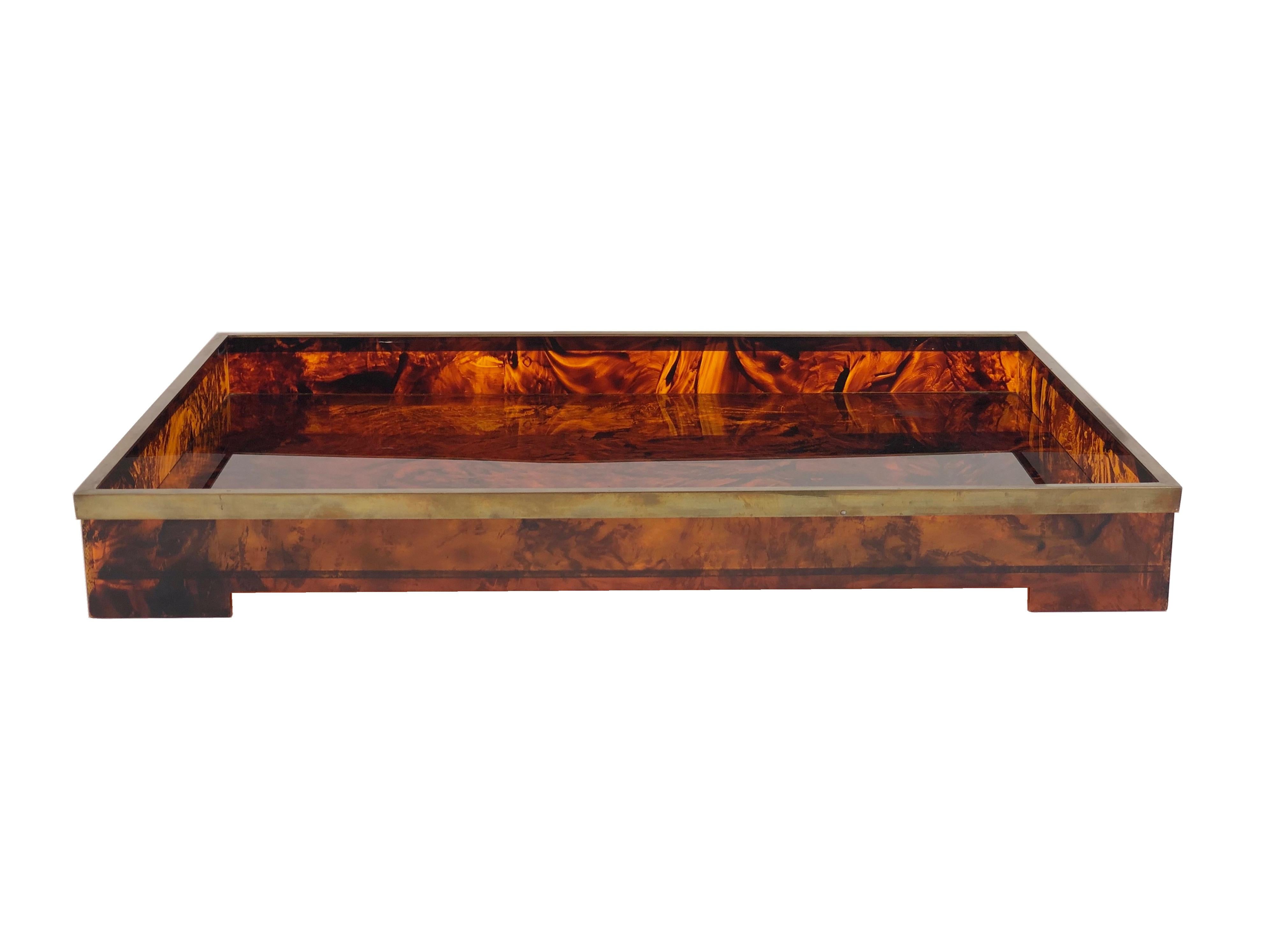 Tortoiseshell serving tray, Lucite and brass, Willy Rizzo style, Italy 1970s.