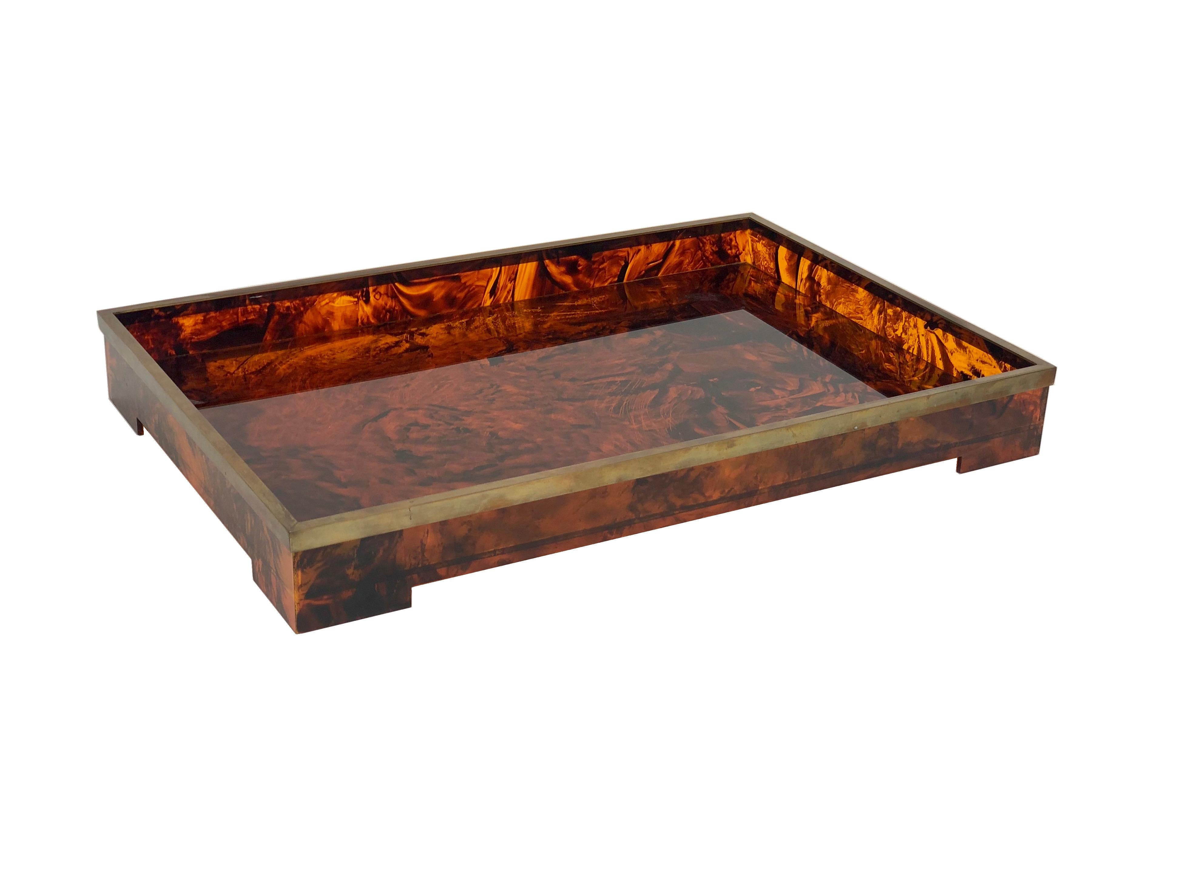 Italian Tortoiseshell Serving Tray Lucite and Brass Willy Rizzo Style, Italy, 1970s