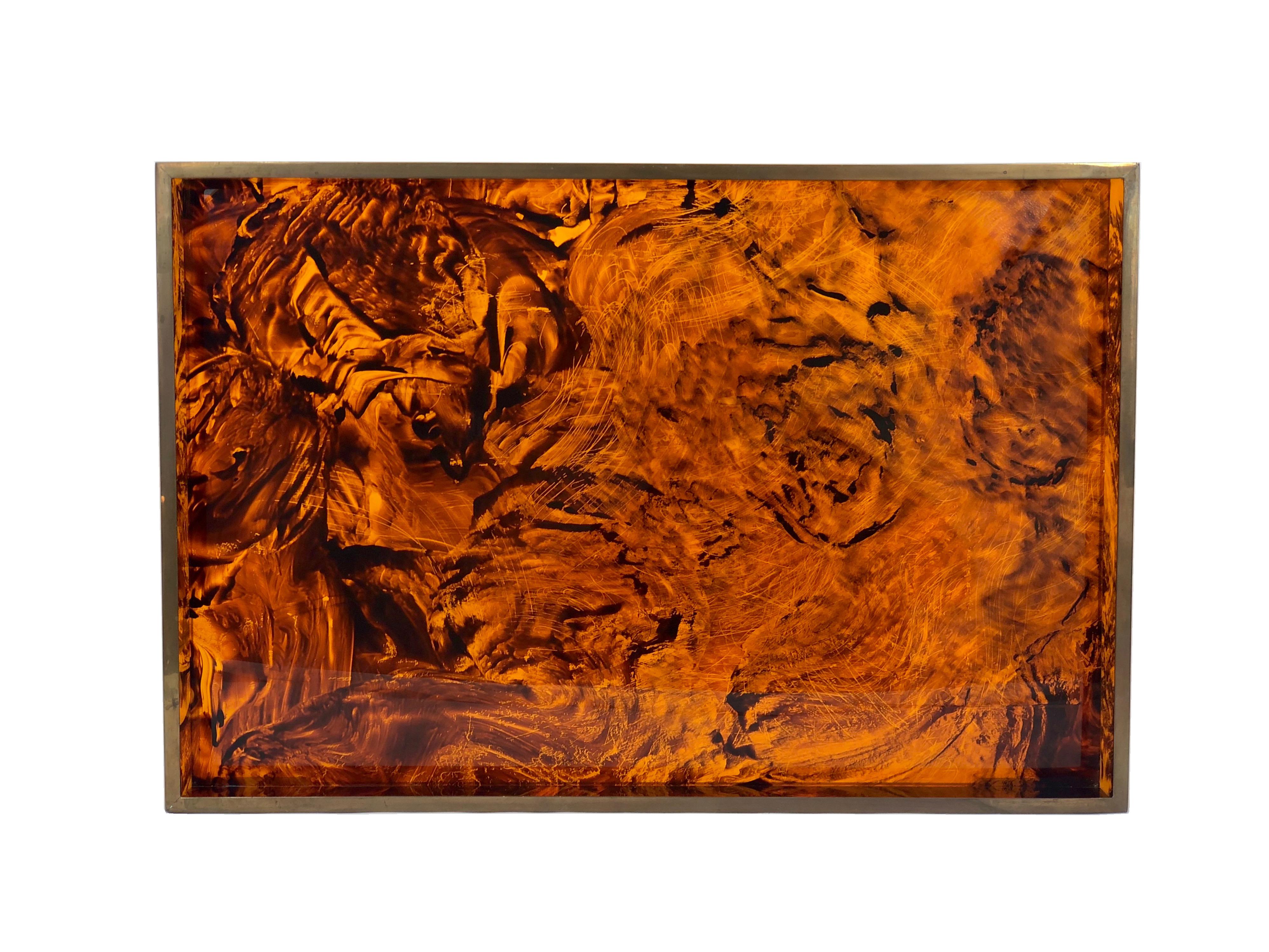 Tortoiseshell Serving Tray Lucite and Brass Willy Rizzo Style, Italy, 1970s 1