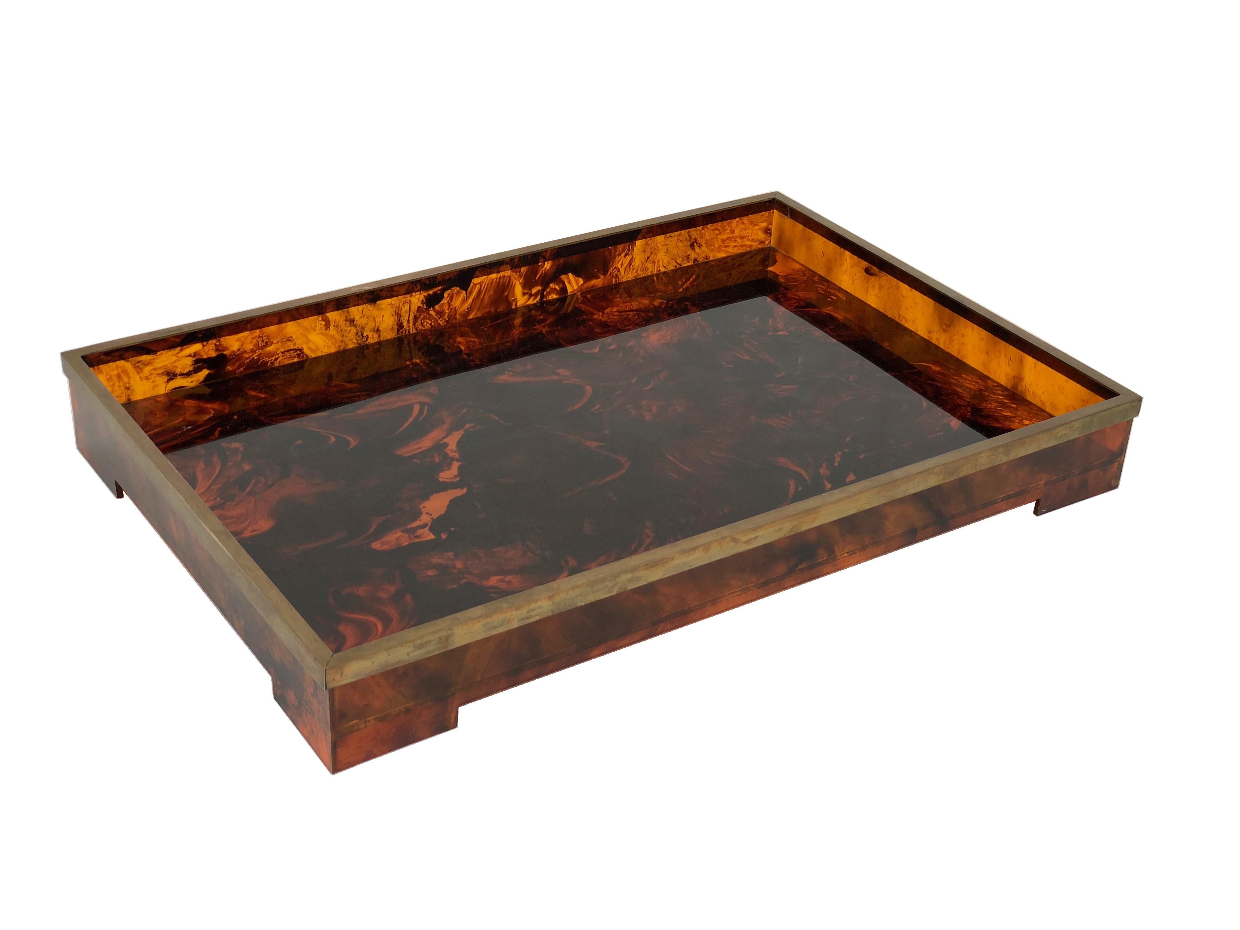 Tortoiseshell serving tray, lucite and brass, Willy Rizzo style, Italy 1970s.