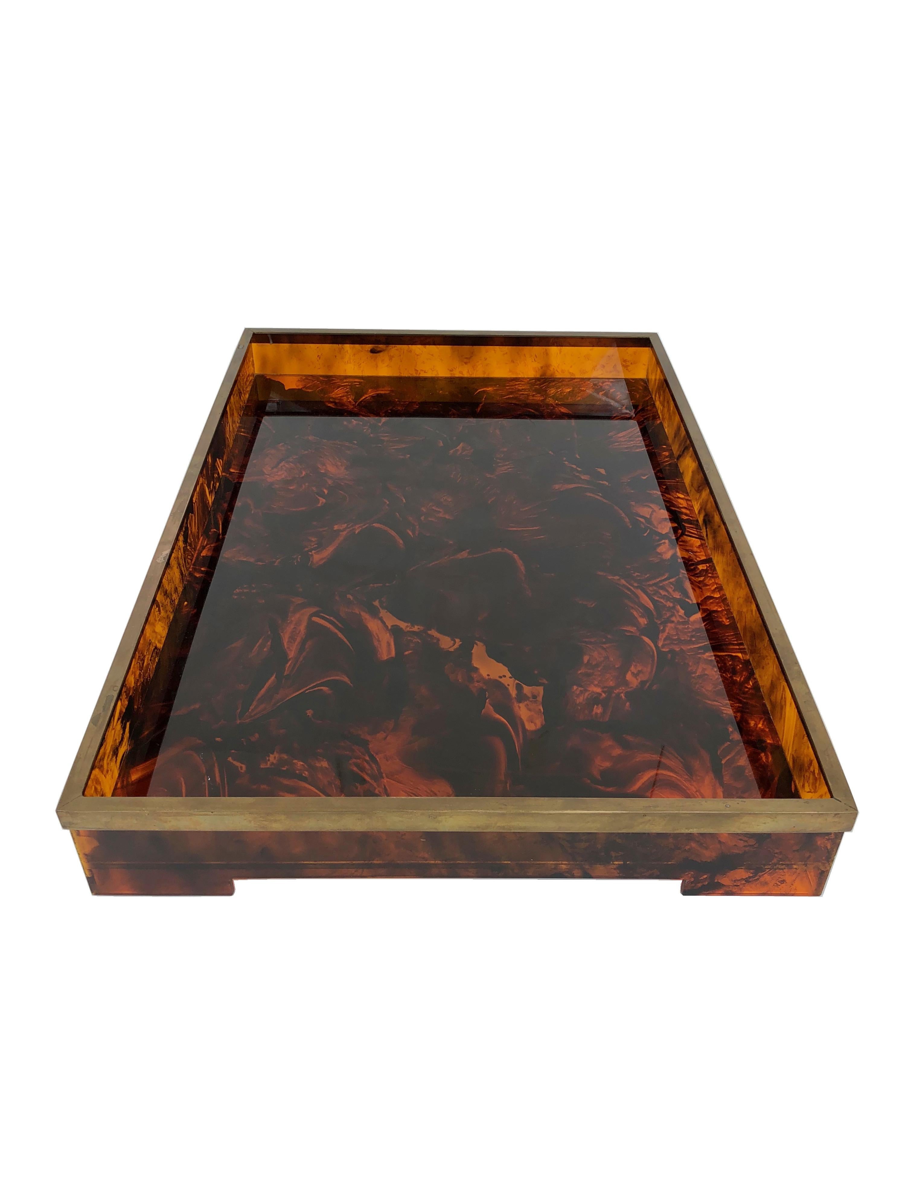 Tortoiseshell Serving Tray Plexiglass and Brass Willy Rizzo Style Italy, 1970s In Good Condition In Rome, IT