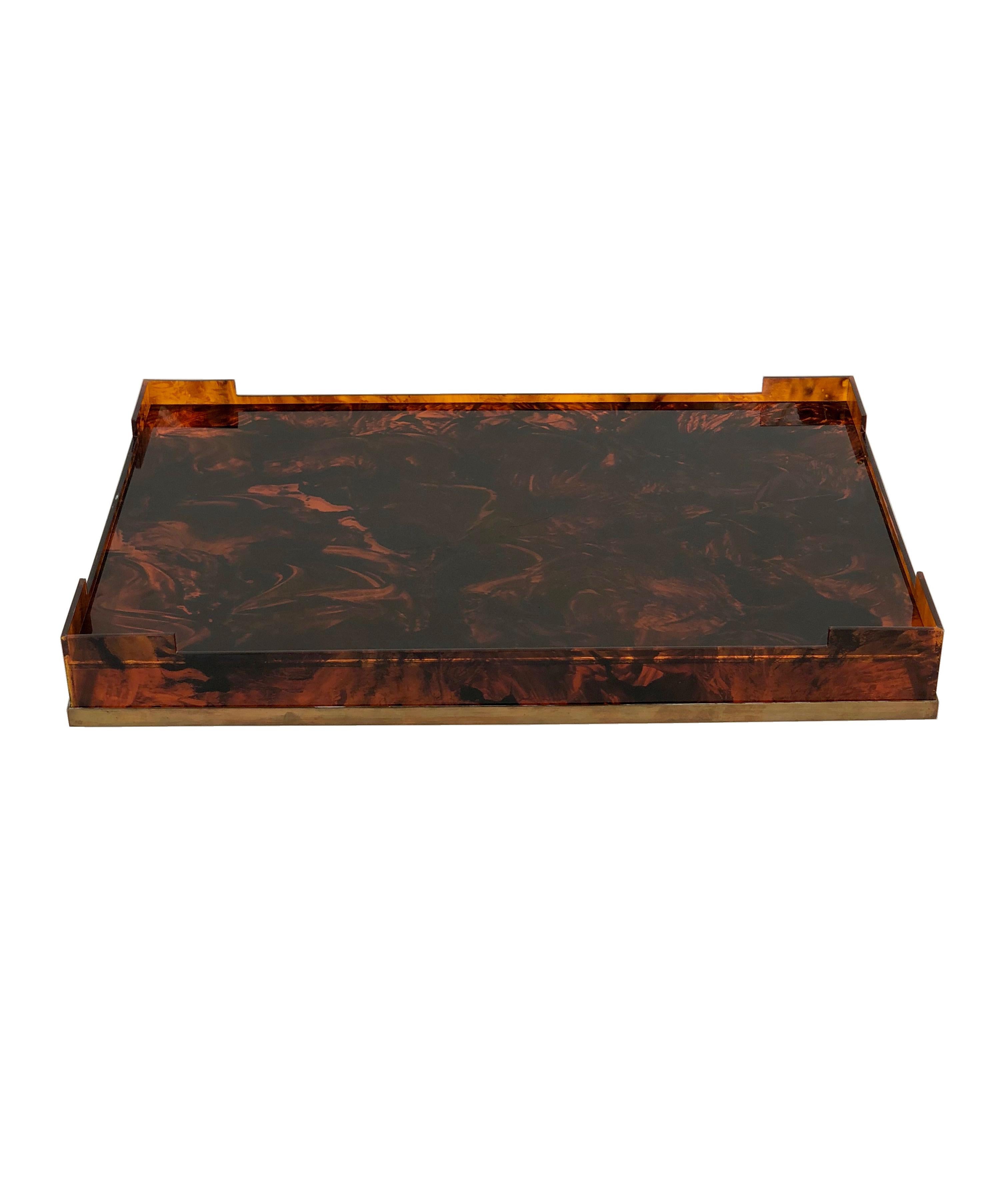 Late 20th Century Tortoiseshell Serving Tray Plexiglass and Brass Willy Rizzo Style Italy, 1970s