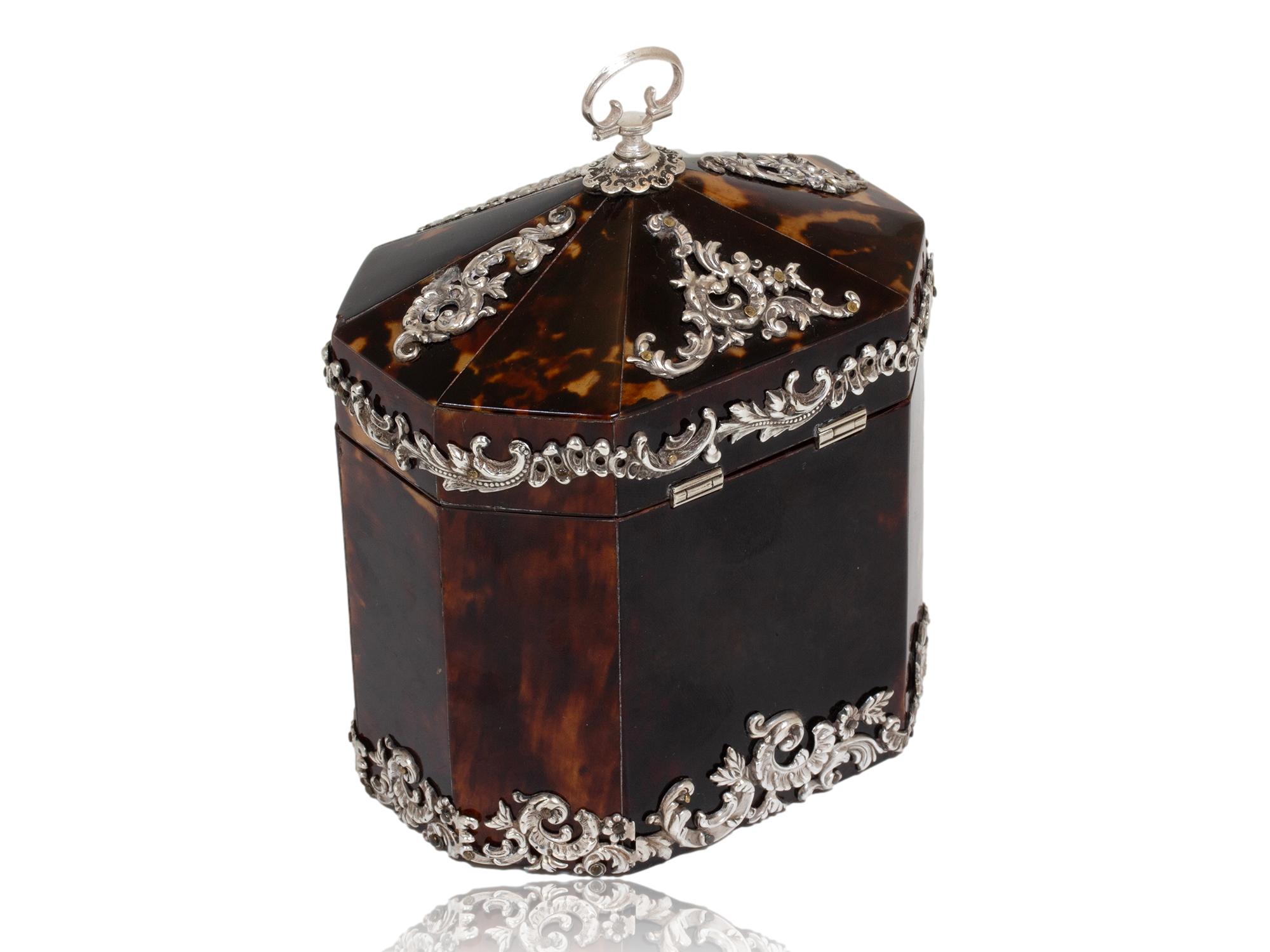 Late Victorian Tortoiseshell Silver Mounted Tea Caddy by Deakin & Francis For Sale