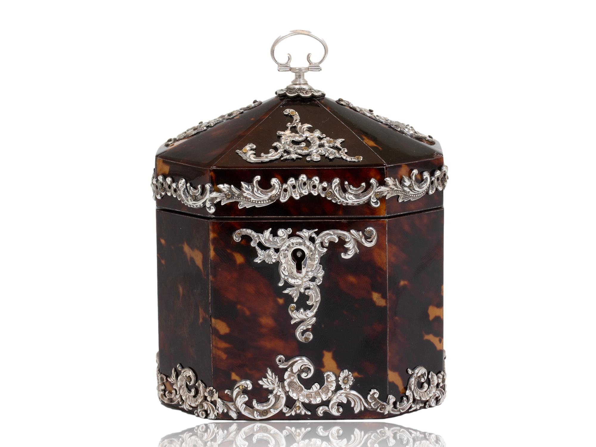 English Tortoiseshell Silver Mounted Tea Caddy by Deakin & Francis For Sale