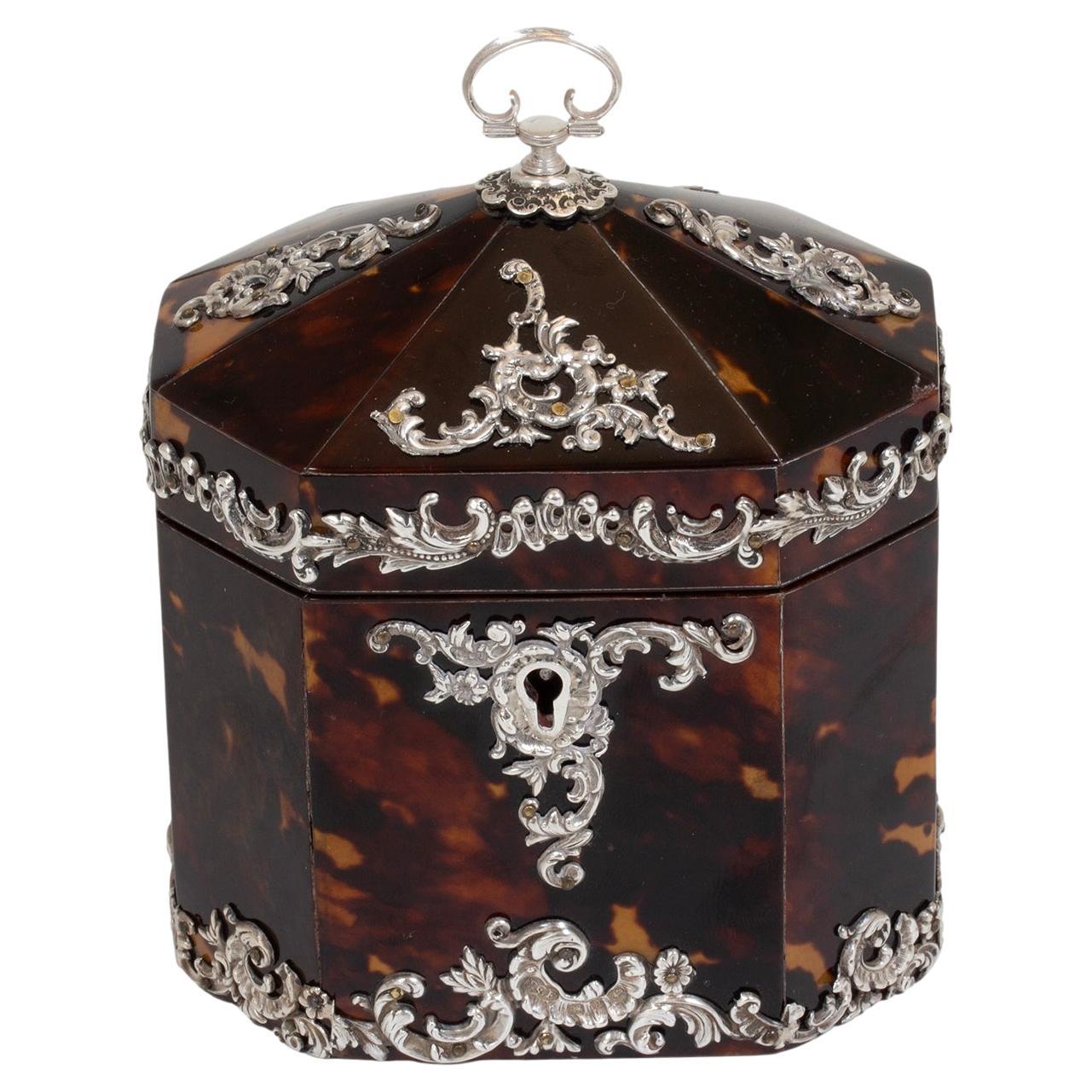 Tortoiseshell Silver Mounted Tea Caddy by Deakin 
Francis
