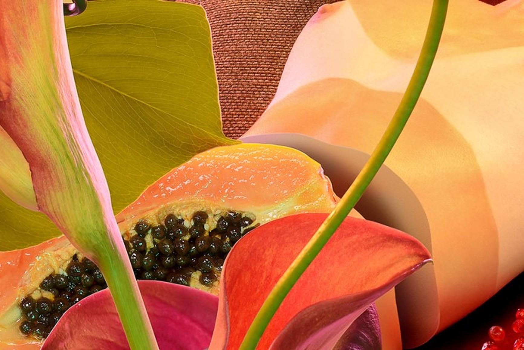 Galatea 7 - Contemporary Photography, Pop Art, Nude, Papaya, Lillies, Fruit  - Orange Still-Life Photograph by Tortora & Travezan