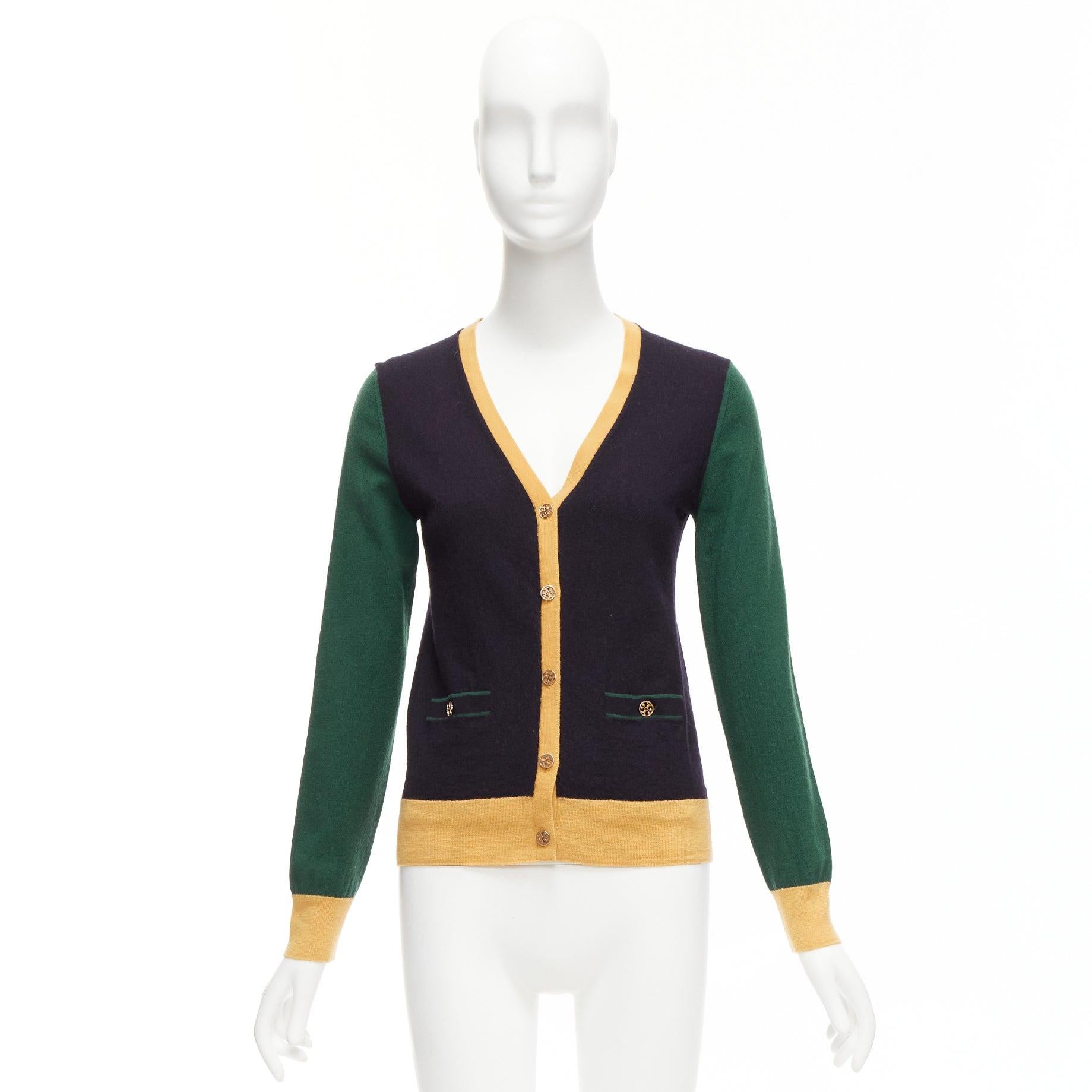 TORY BURCH 100% merino wool colorblocked logo button cardigan sweater M For Sale 6