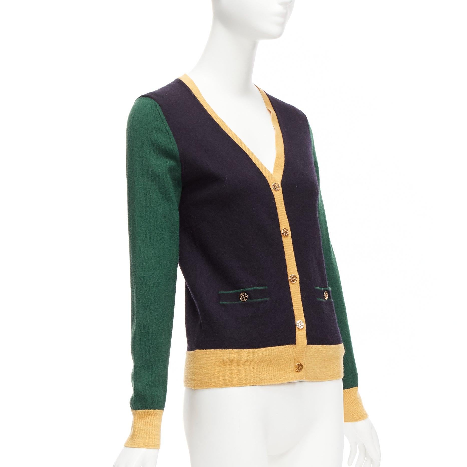 Women's TORY BURCH 100% merino wool colorblocked logo button cardigan sweater M For Sale