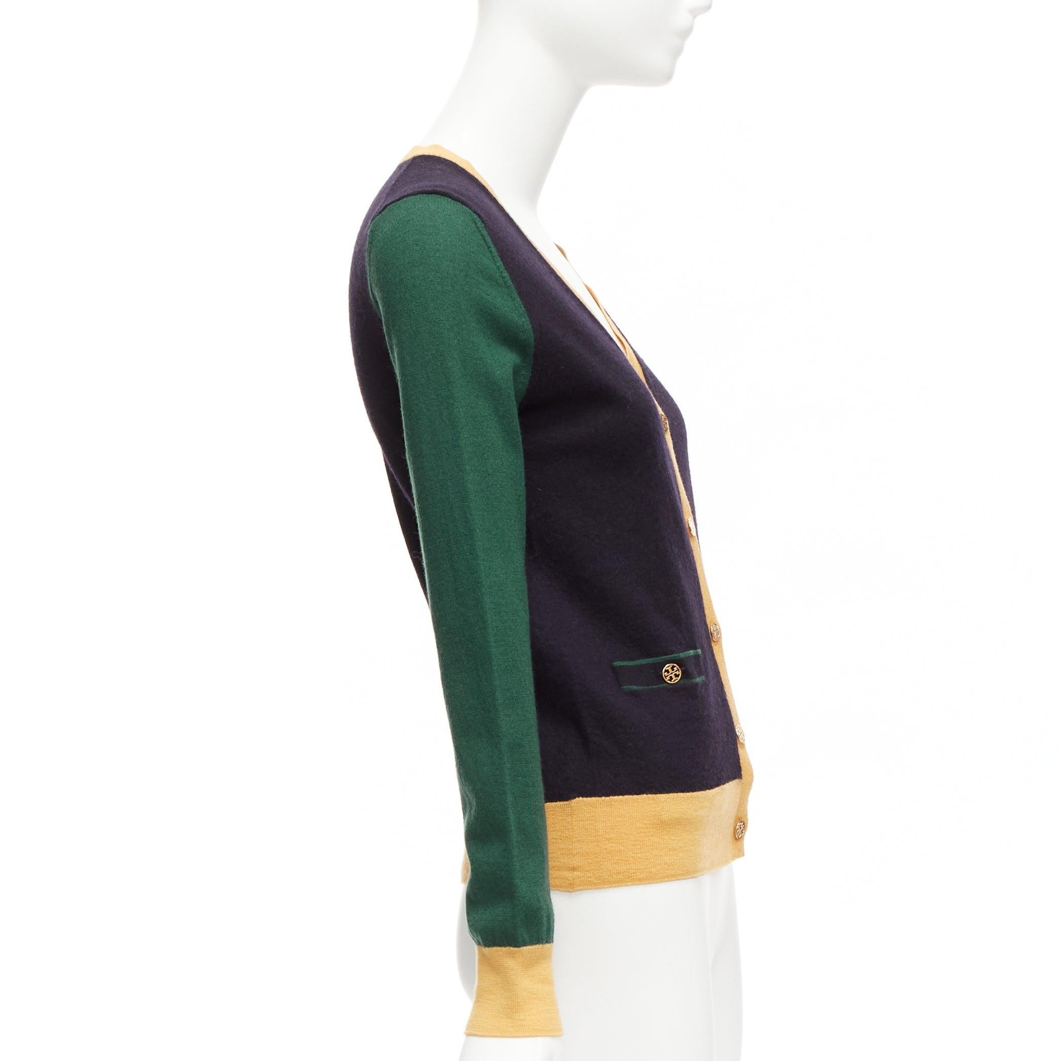 TORY BURCH 100% Merinowolle Colorblocked Logo Button Strickjacke Pullover M Damen im Angebot