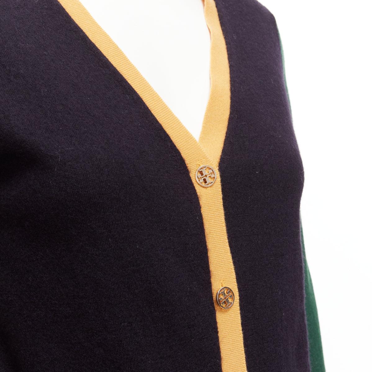 TORY BURCH 100% merino wool colorblocked logo button cardigan sweater M For Sale 4