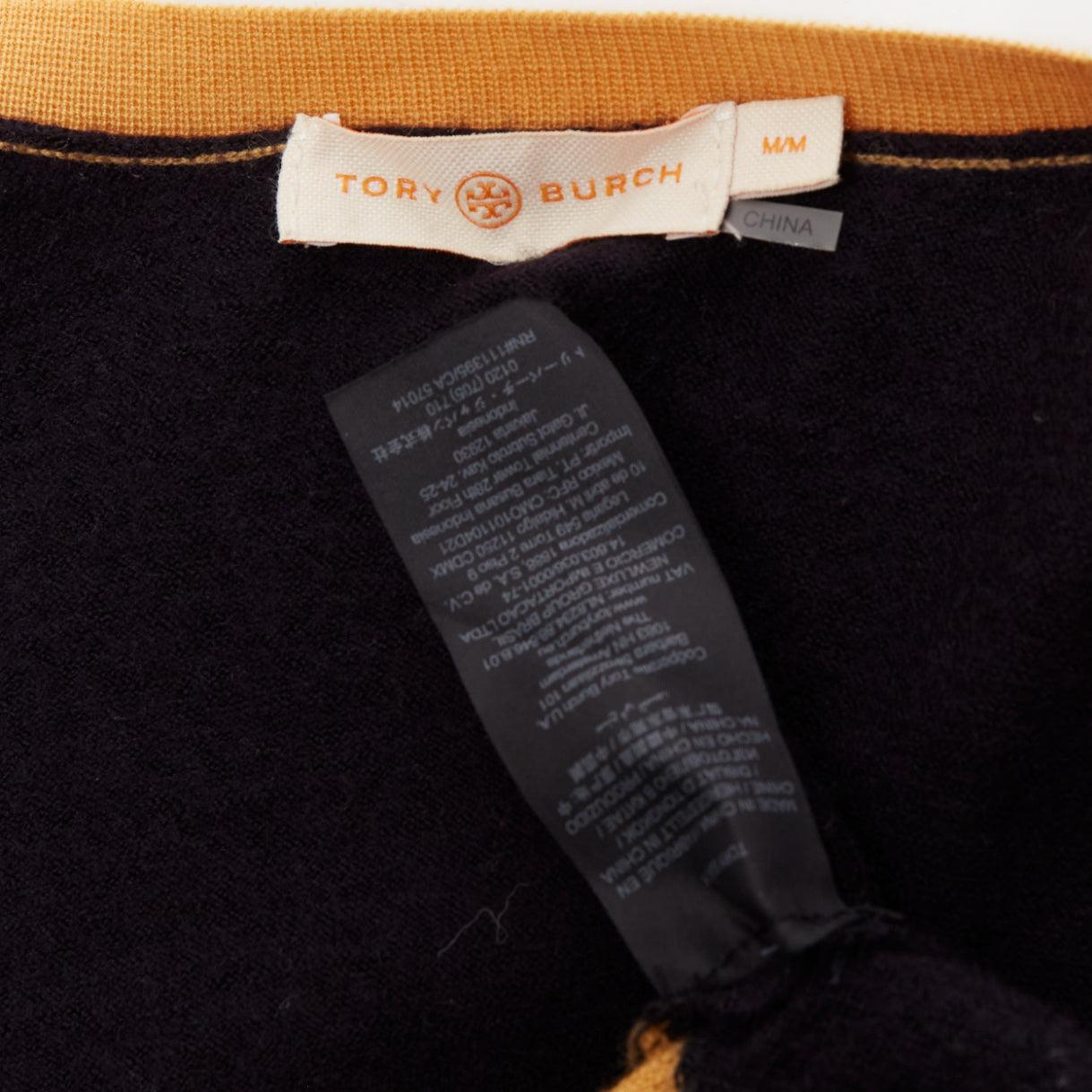 TORY BURCH 100% merino wool colorblocked logo button cardigan sweater M For Sale 5