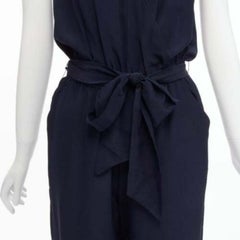 TORY BURCH 100% silk navy V neck wide leg wrap tie wide leg jumpsuit XS