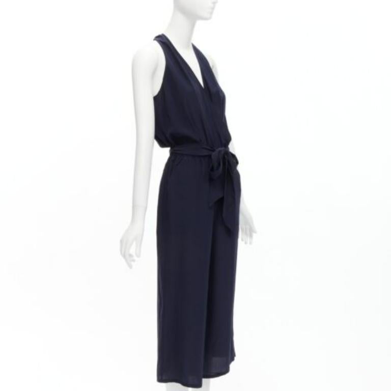 Black TORY BURCH 100% silk navy V neck wide leg wrap tie wide leg jumpsuit XS For Sale