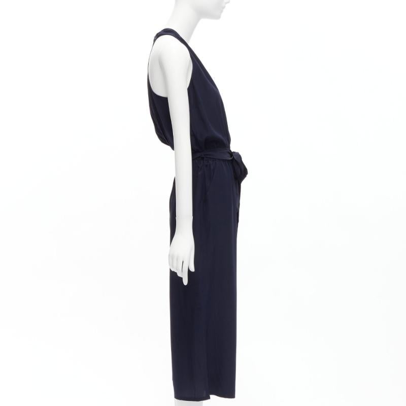 TORY BURCH 100% silk navy V neck wide leg wrap tie wide leg jumpsuit XS In Excellent Condition For Sale In Hong Kong, NT