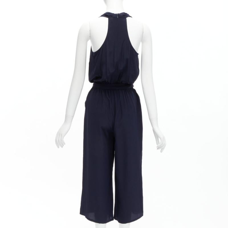 Women's TORY BURCH 100% silk navy V neck wide leg wrap tie wide leg jumpsuit XS For Sale
