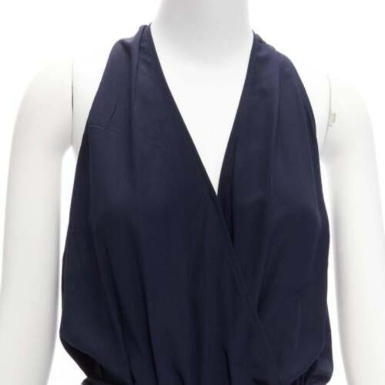 TORY BURCH 100% silk navy V neck wide leg wrap tie wide leg jumpsuit XS For Sale 2