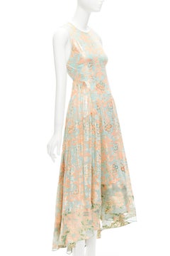 TORY BURCH 2016 Runway green pink metallic silk floral lace brocade dress US2 S