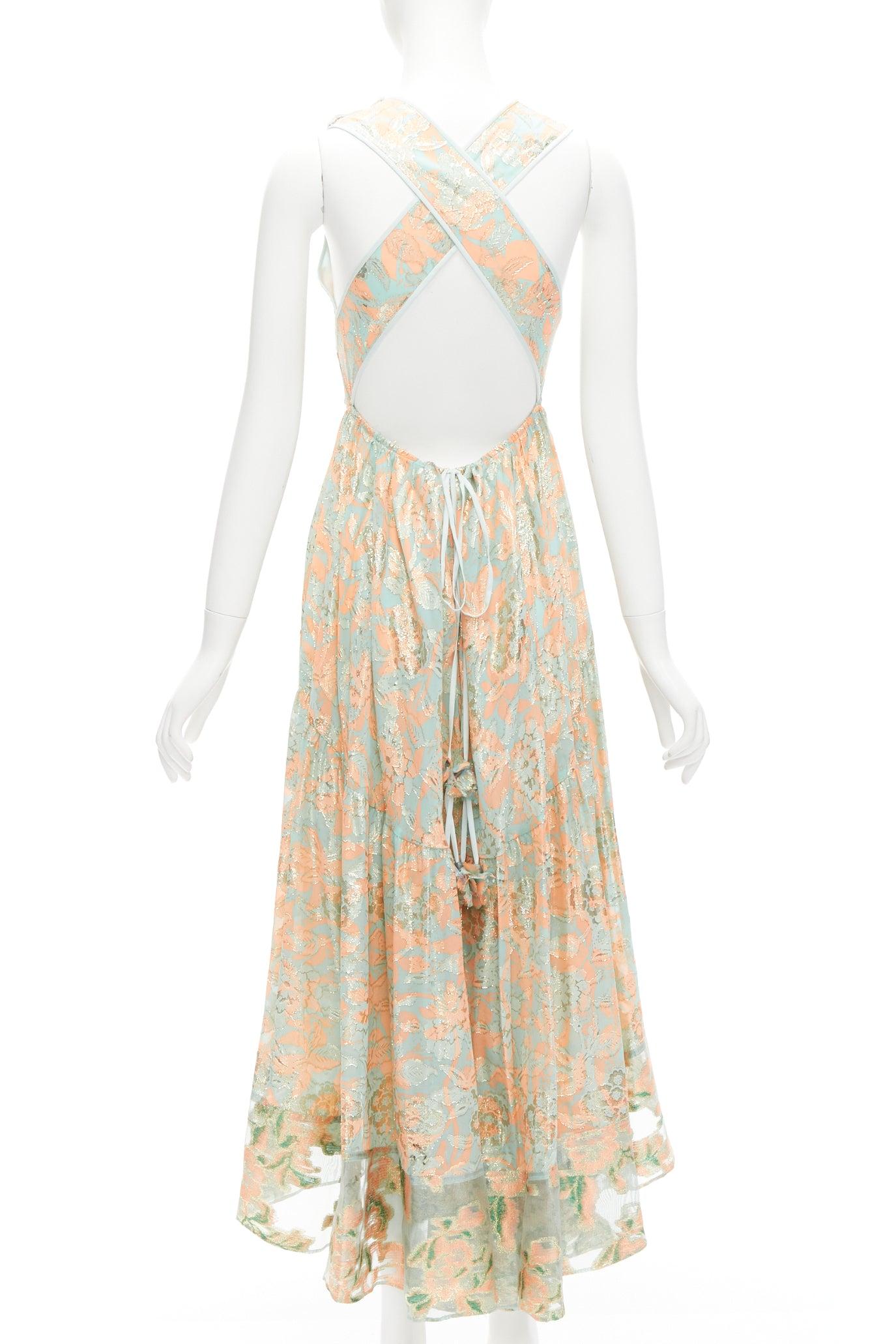 Beige TORY BURCH 2016 Runway green pink metallic silk floral lace brocade dress US2 S For Sale