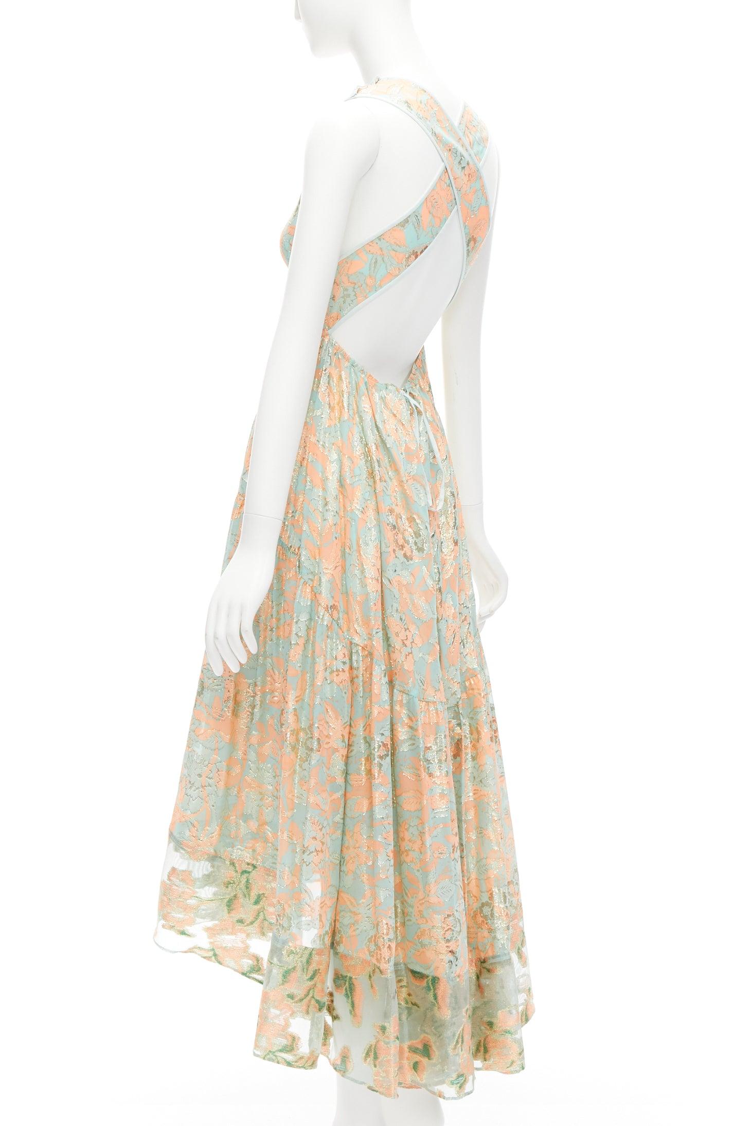 Women's TORY BURCH 2016 Runway green pink metallic silk floral lace brocade dress US2 S For Sale