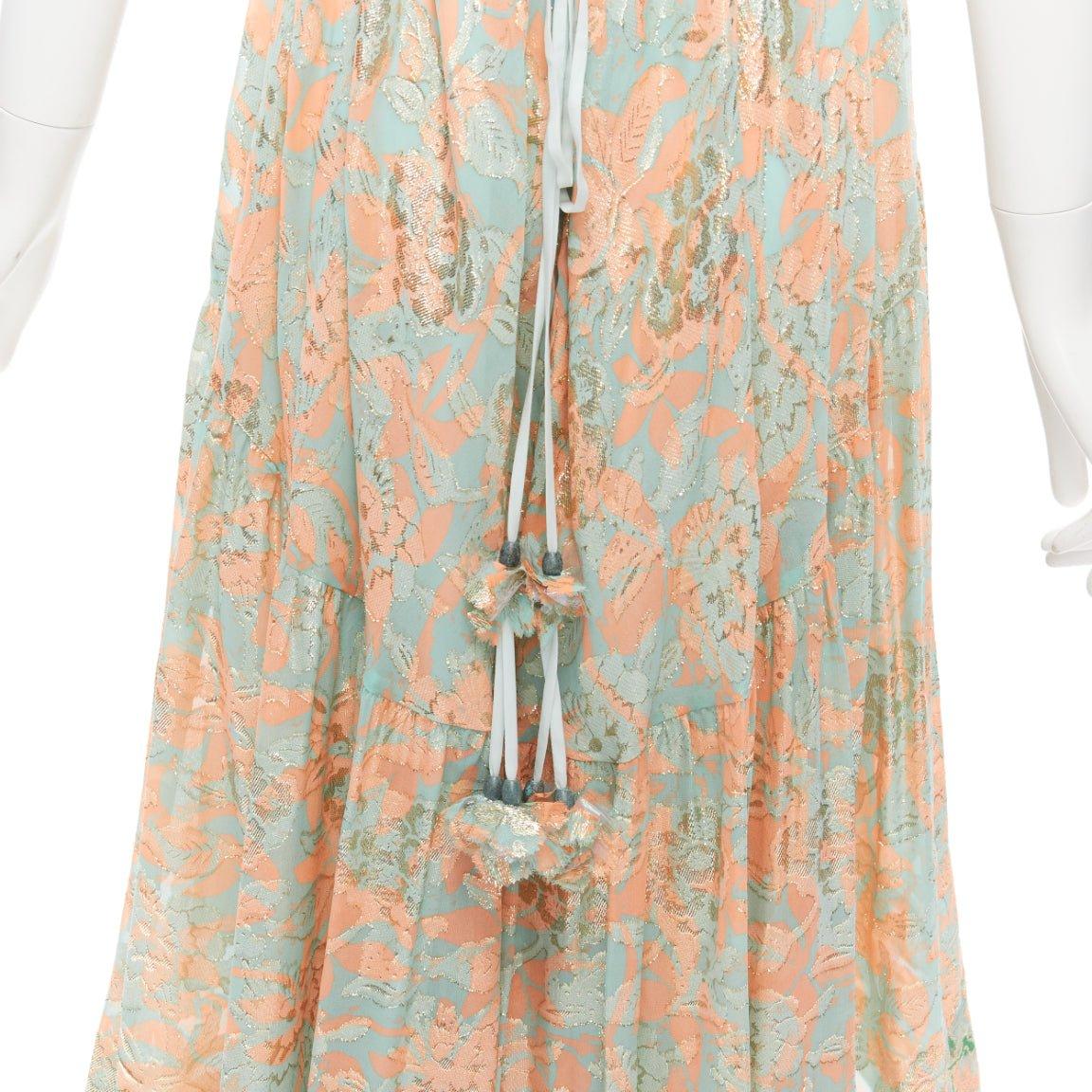 TORY BURCH 2016 Runway green pink metallic silk floral lace brocade dress US2 S For Sale 1