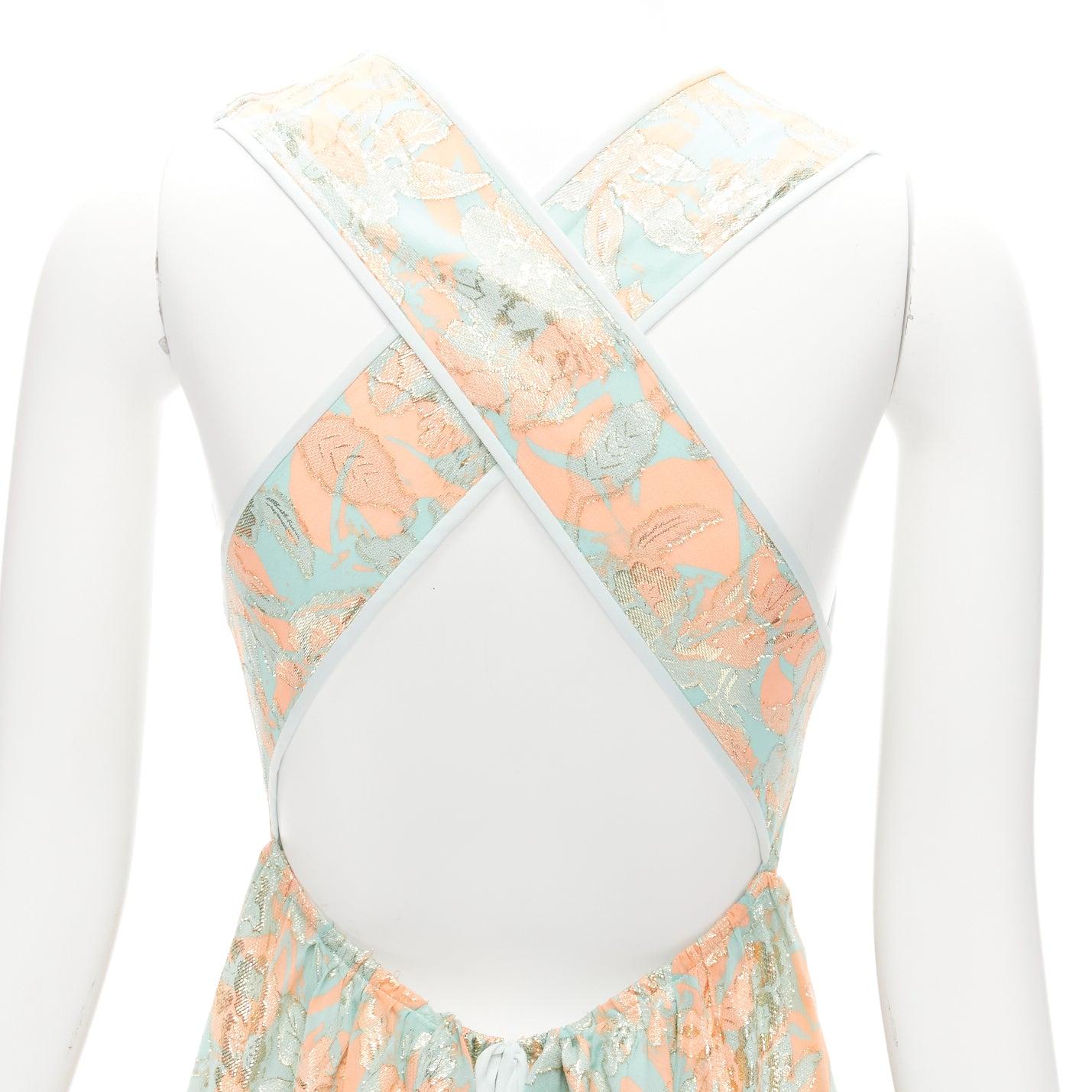 TORY BURCH 2016 Runway green pink metallic silk floral lace brocade dress US2 S For Sale 2