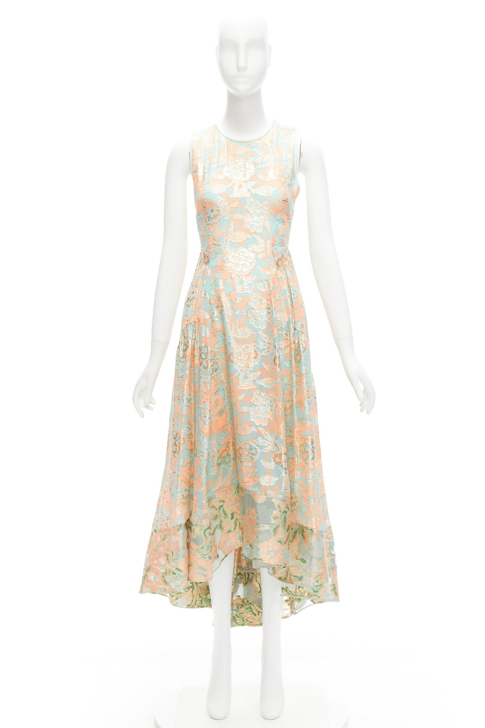 TORY BURCH 2016 Runway green pink metallic silk floral lace brocade dress US2 S For Sale 4