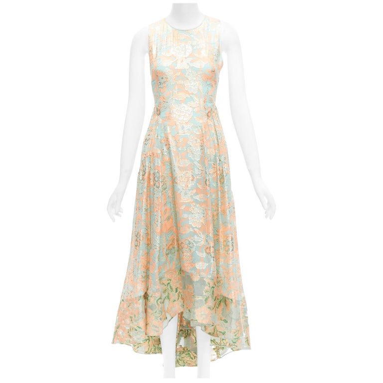 TORY BURCH 2016 Runway green pink metallic silk floral lace brocade dress  US2 S For Sale at 1stDibs