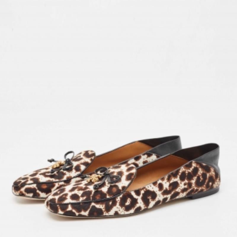 Marron Tory Burch Mocassins Tory Charm en cuir et poils de veau imprimé animal Taille 37.5 en vente