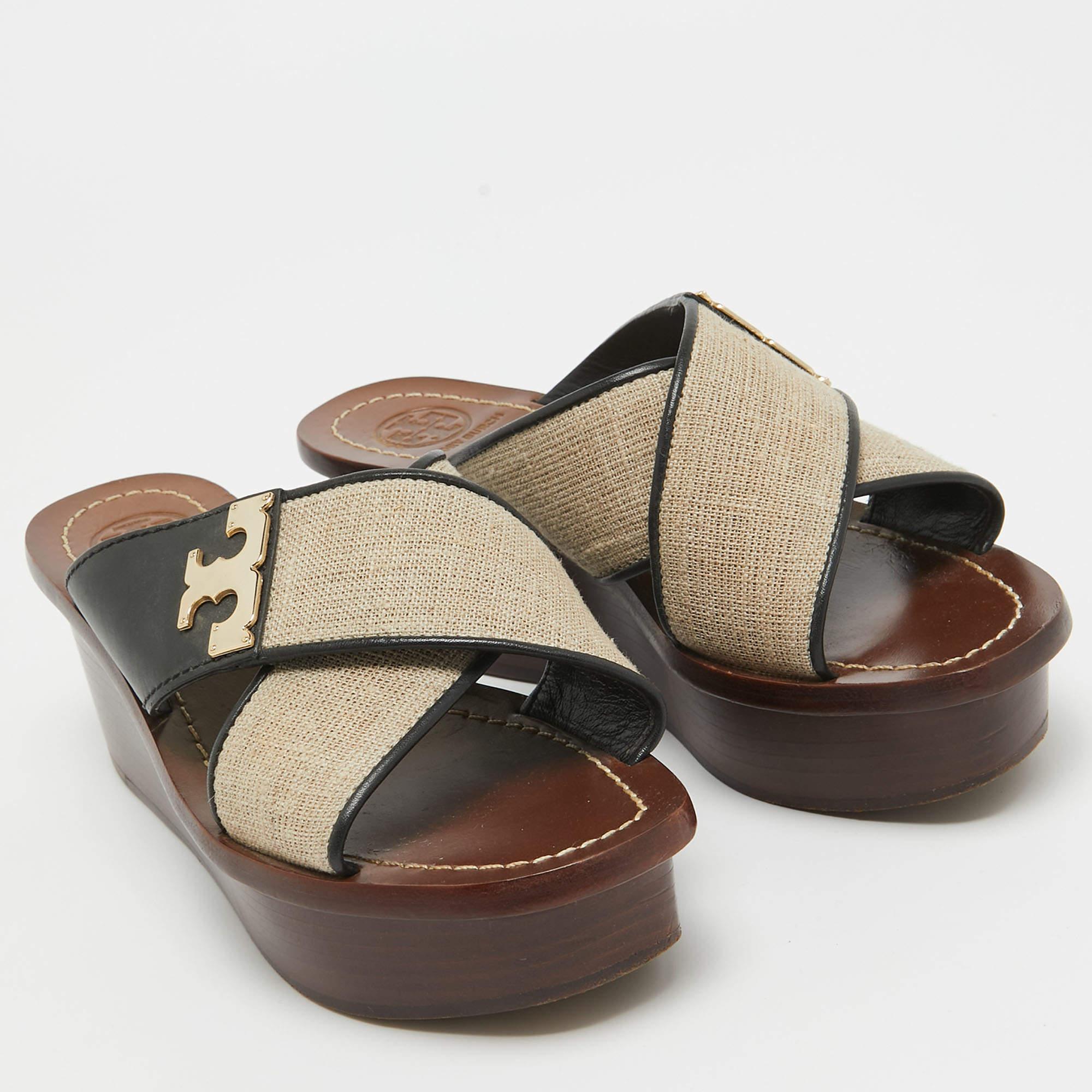 Tory Burch Beige/Schwarz Canvas und Leder Plattform Slide Sandalen Größe 36 Damen im Angebot